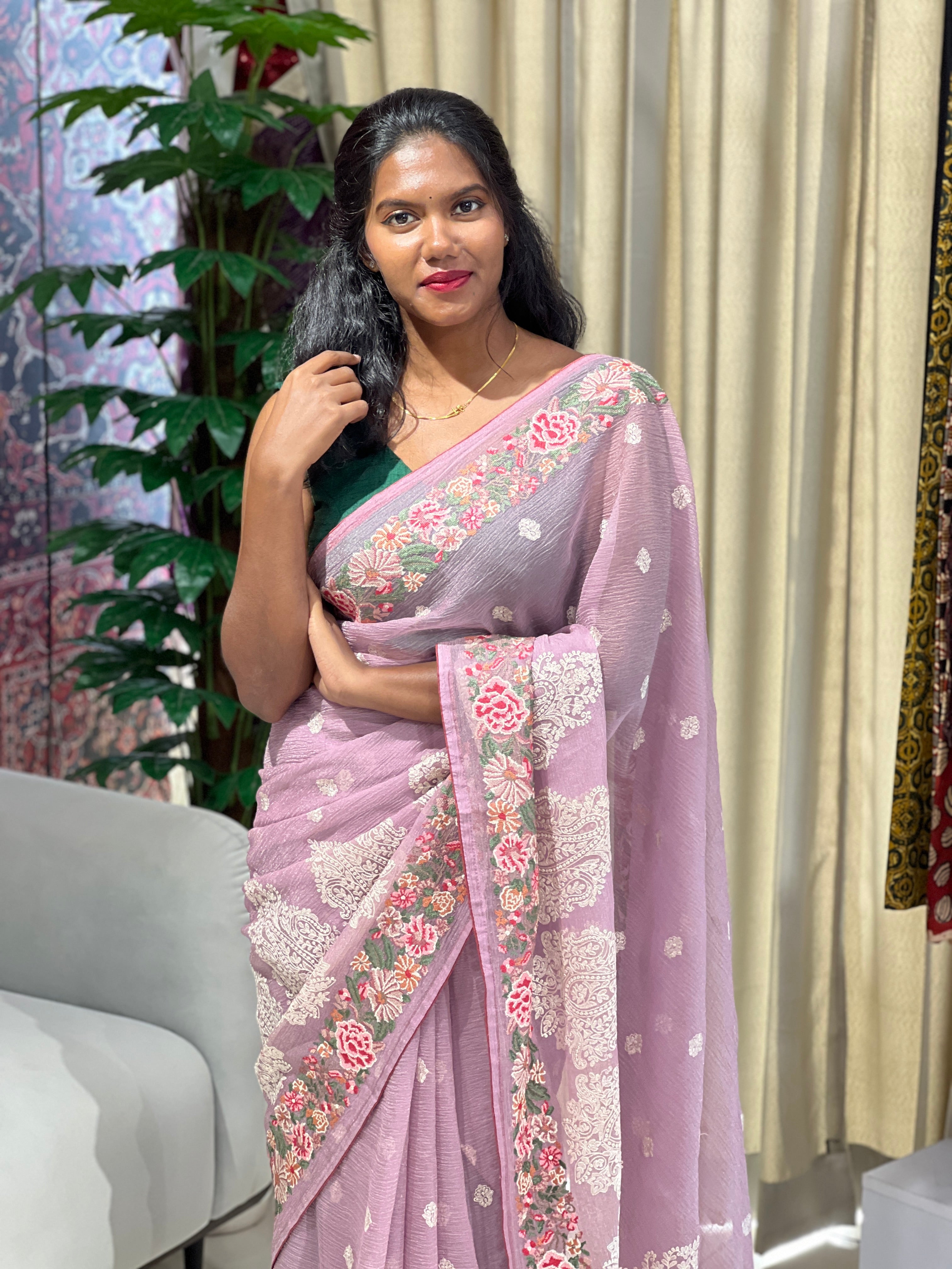 Floral Cross Stitch Embroidery Detailed Crushed Shimmer Organza Saree | SUN580