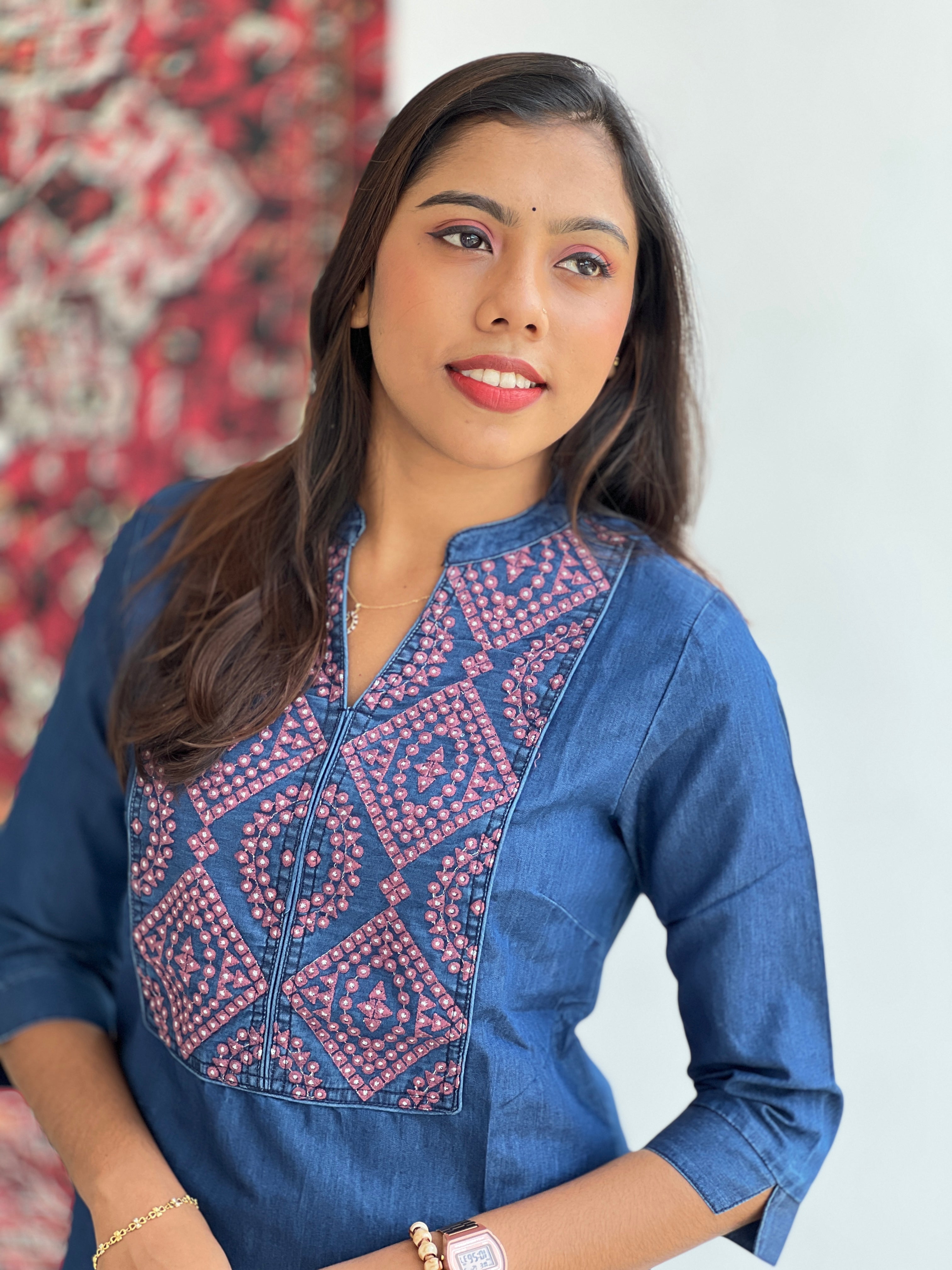Machine Embroidered Denim Short Kurta | PGI318