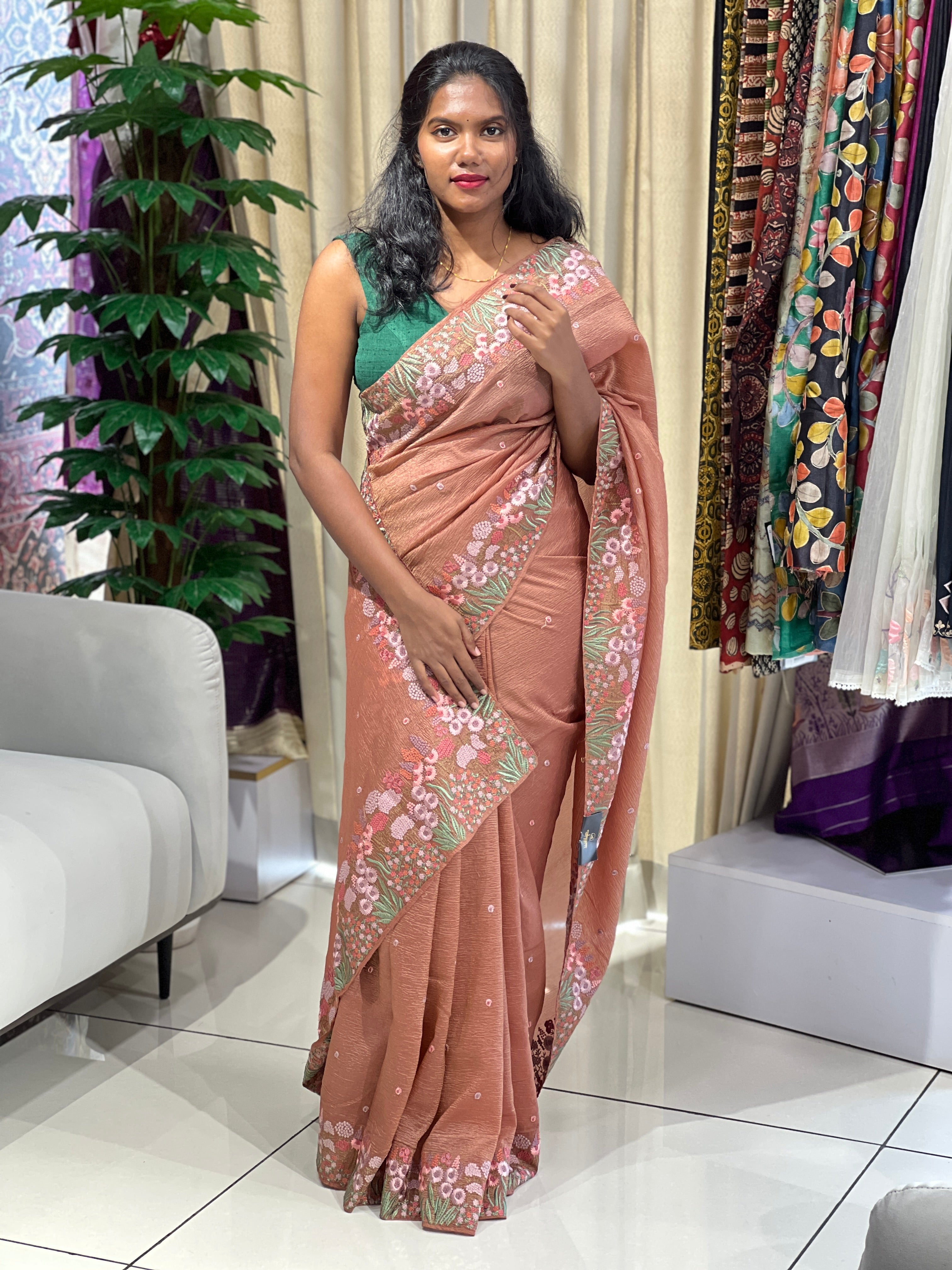 Machine Embroidered Crushed Organza Saree | SUN560