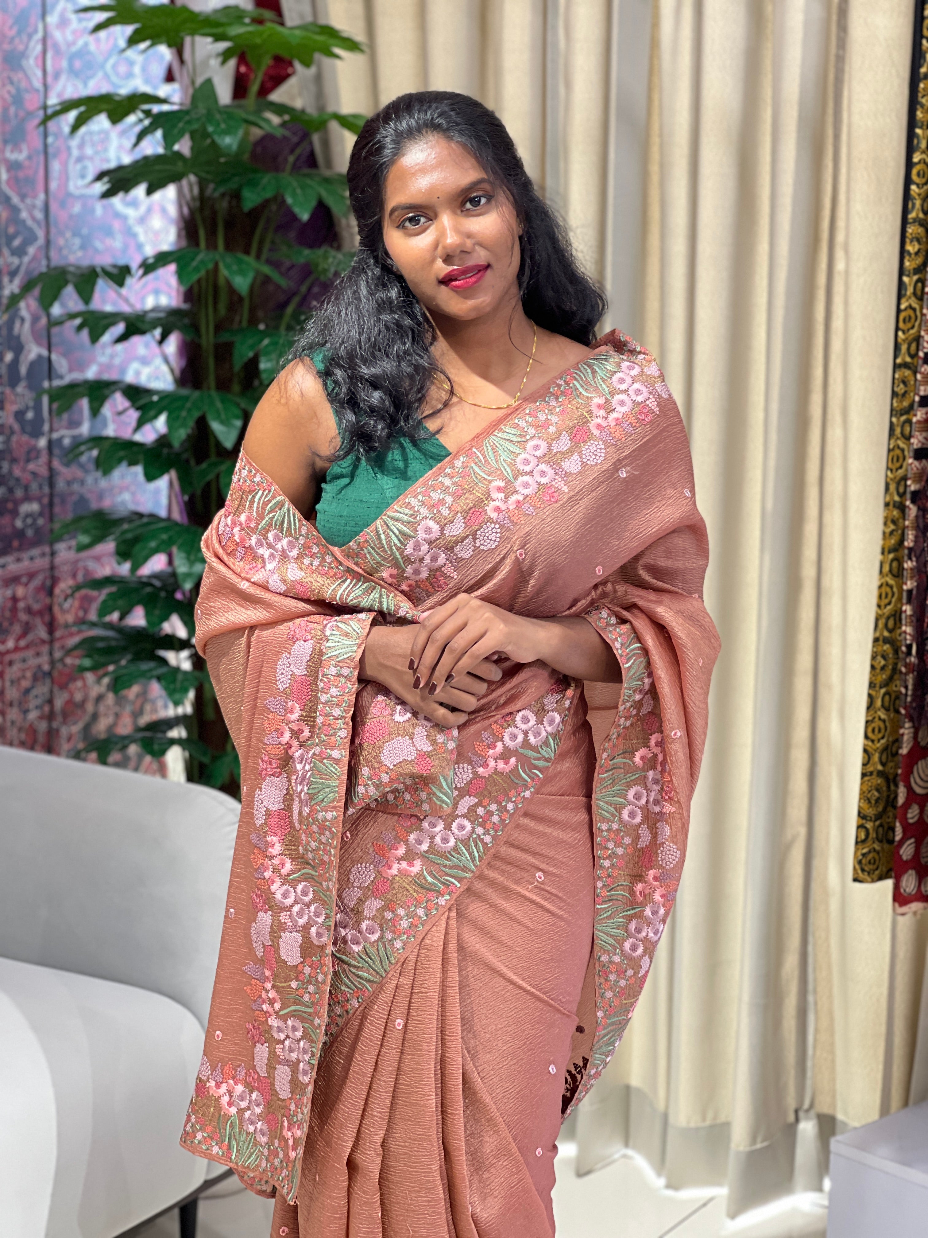 Machine Embroidered Crushed Organza Saree | SUN560