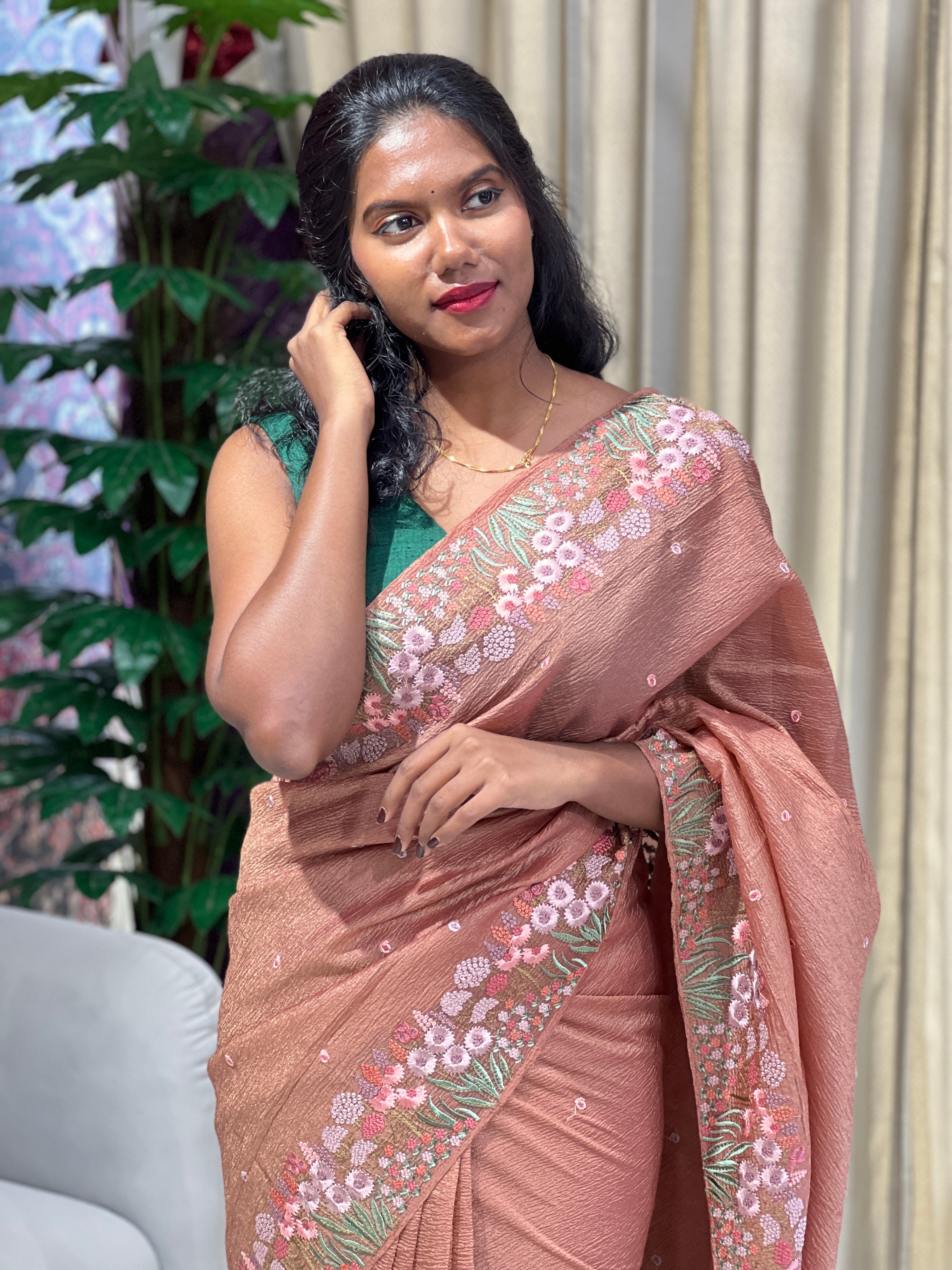 Machine Embroidered Crushed Organza Saree | SUN560
