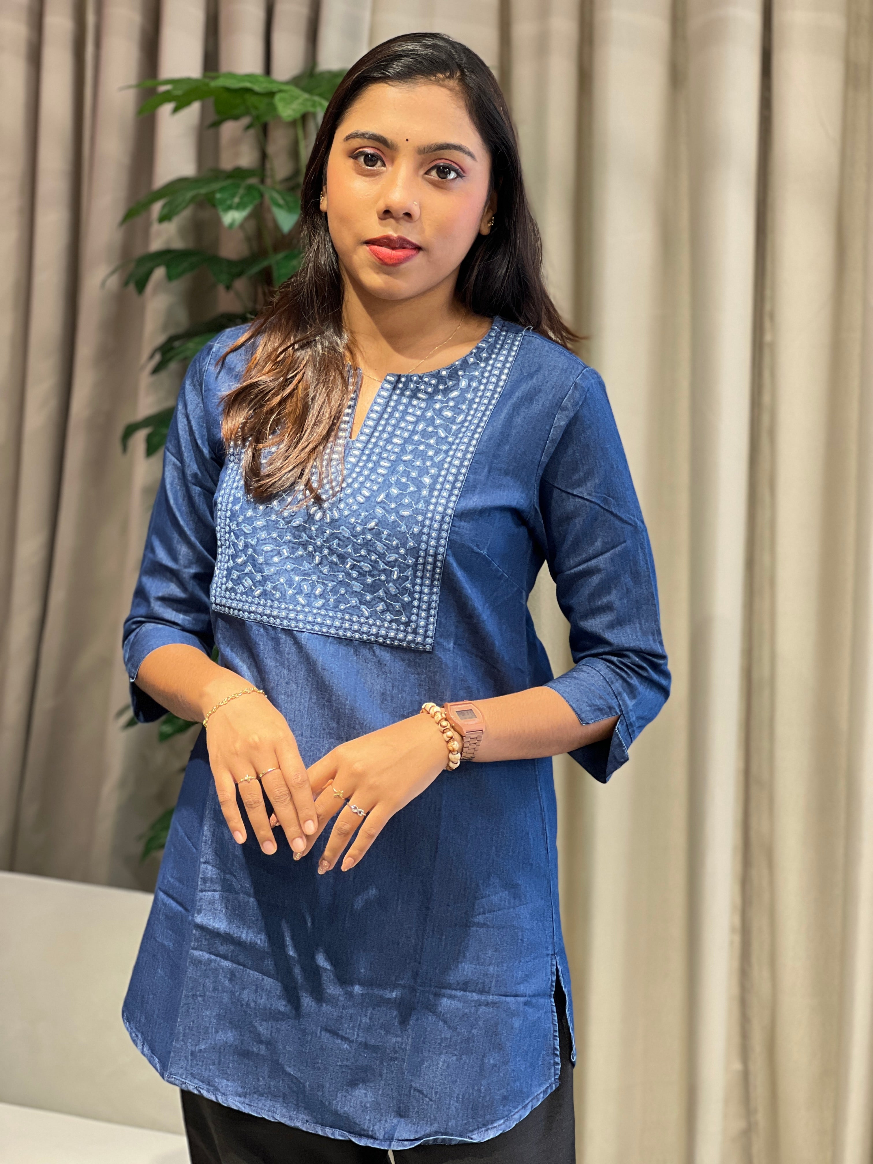 Machine Embroidered Denim Short Kurta | PGI315