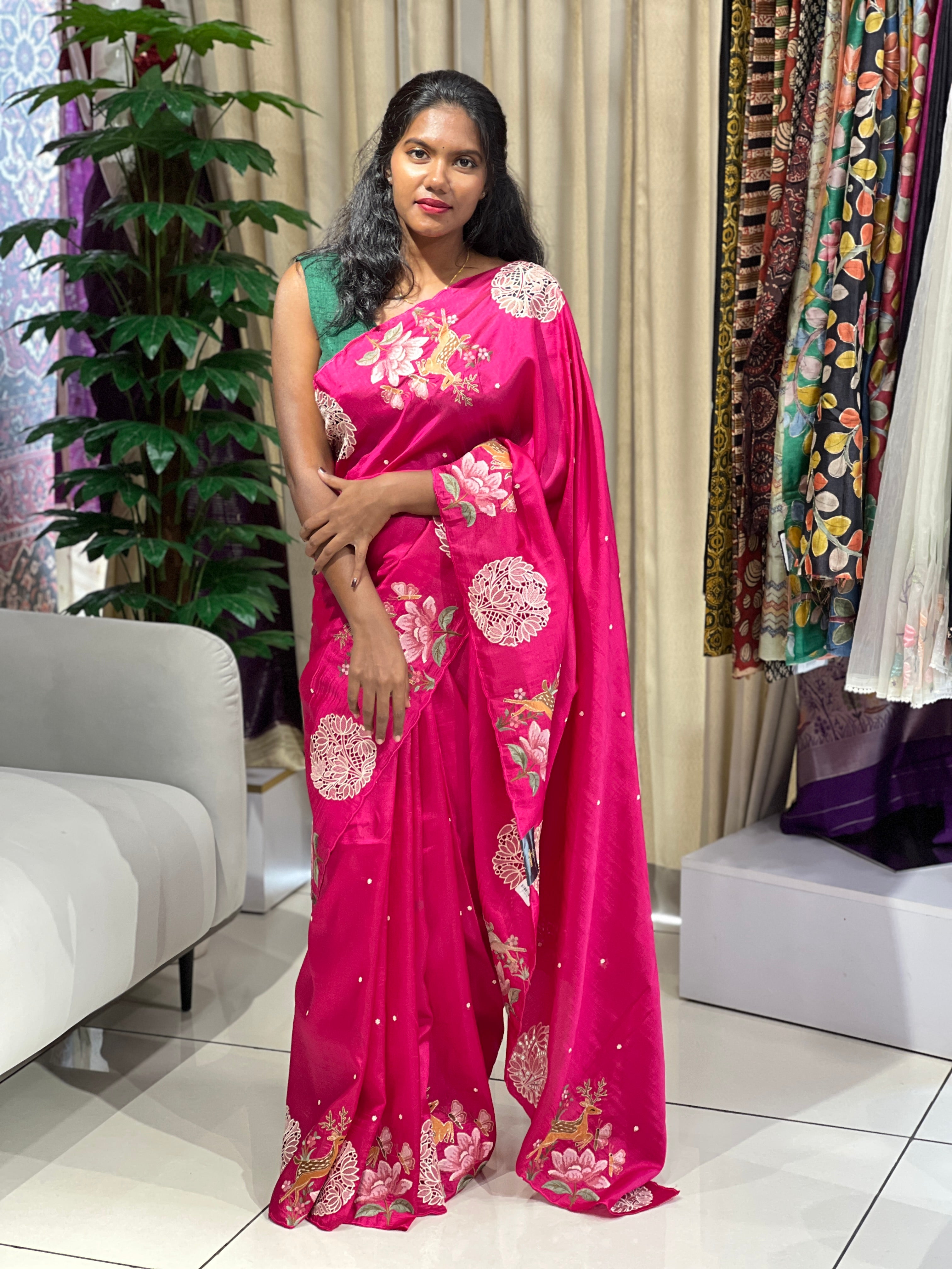 Floral Embroidery Detailed Tussar Saree | SUN579