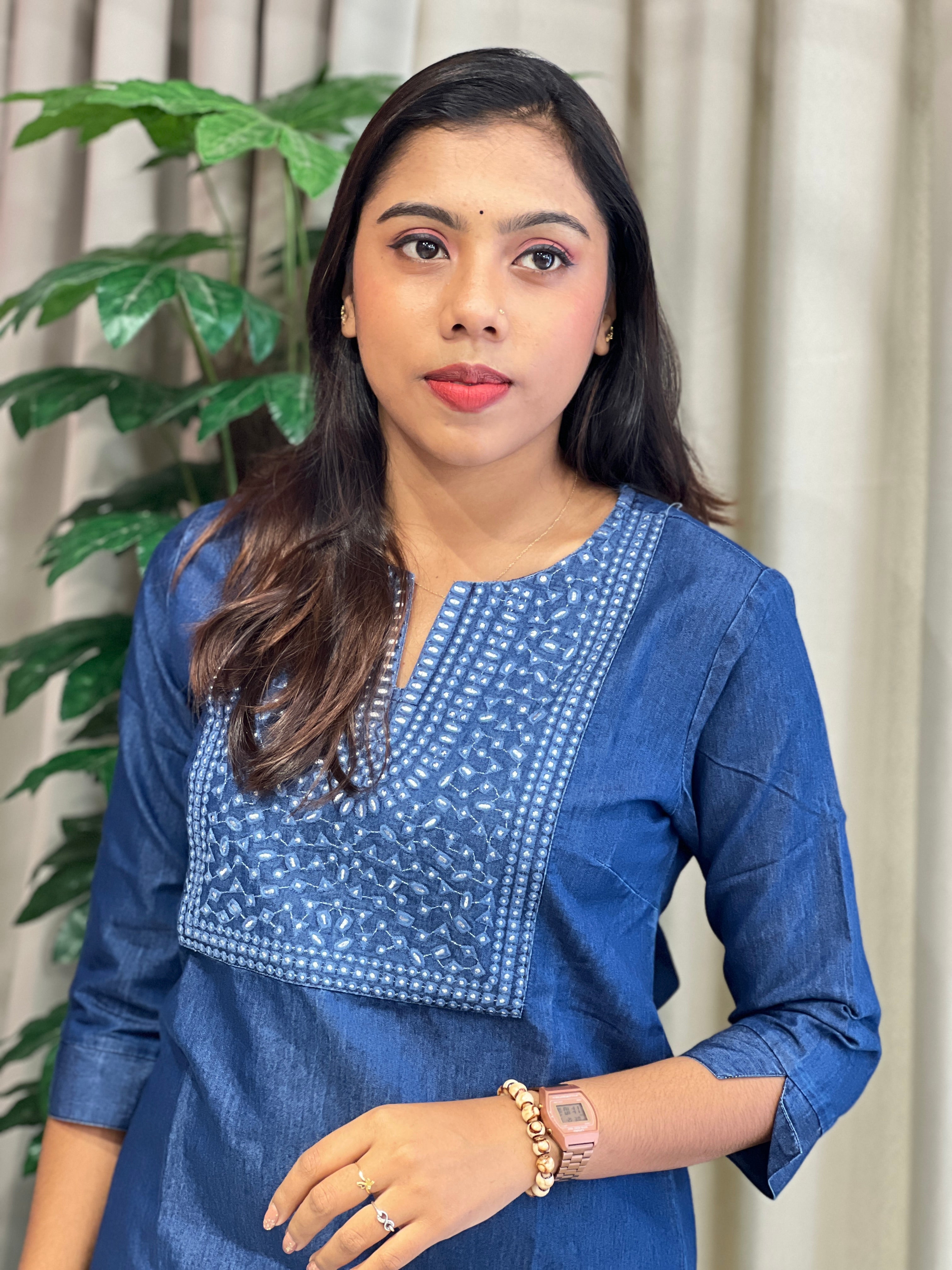 Machine Embroidered Denim Short Kurta | PGI315