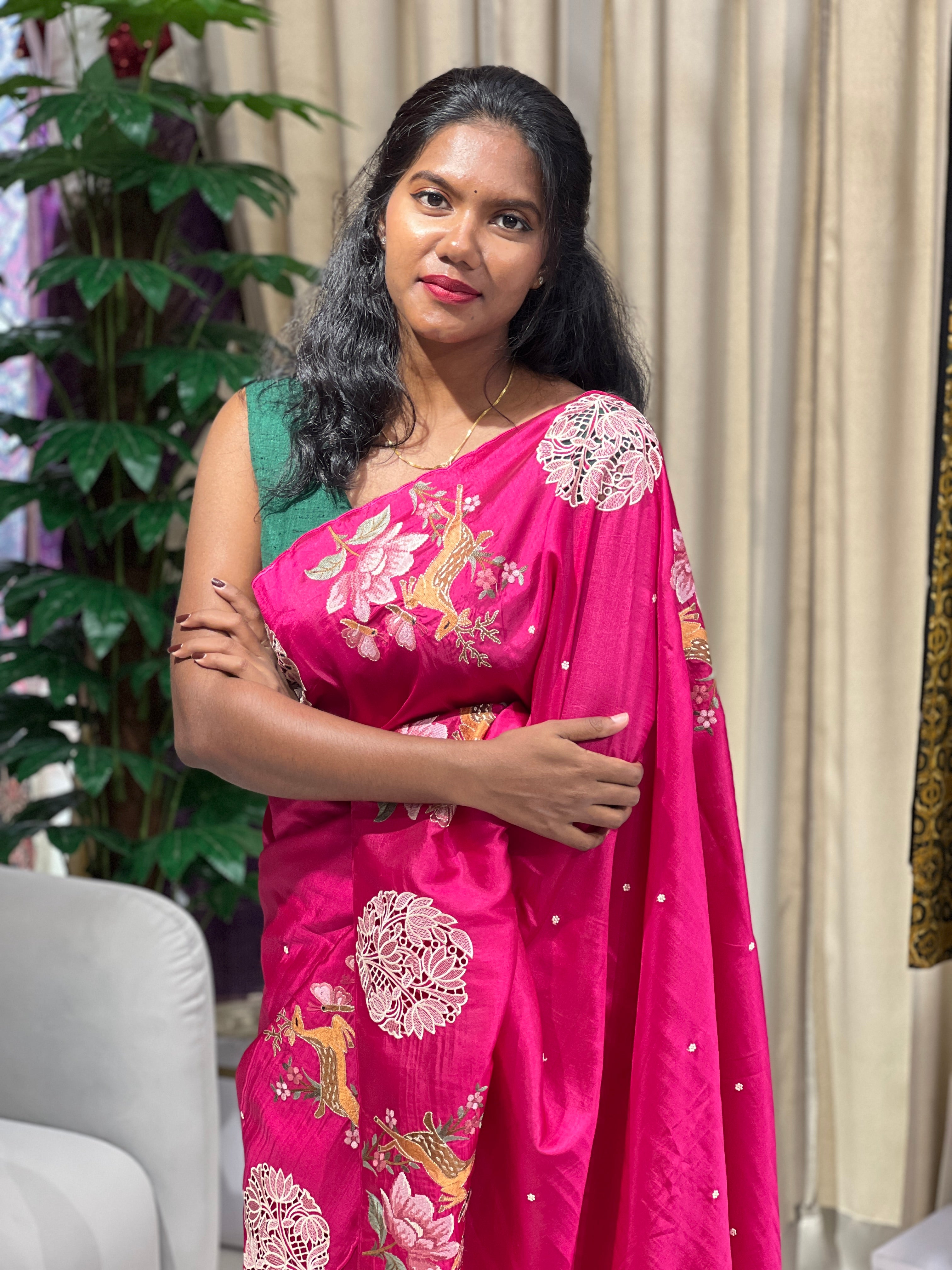 Floral Embroidery Detailed Tussar Saree | SUN579