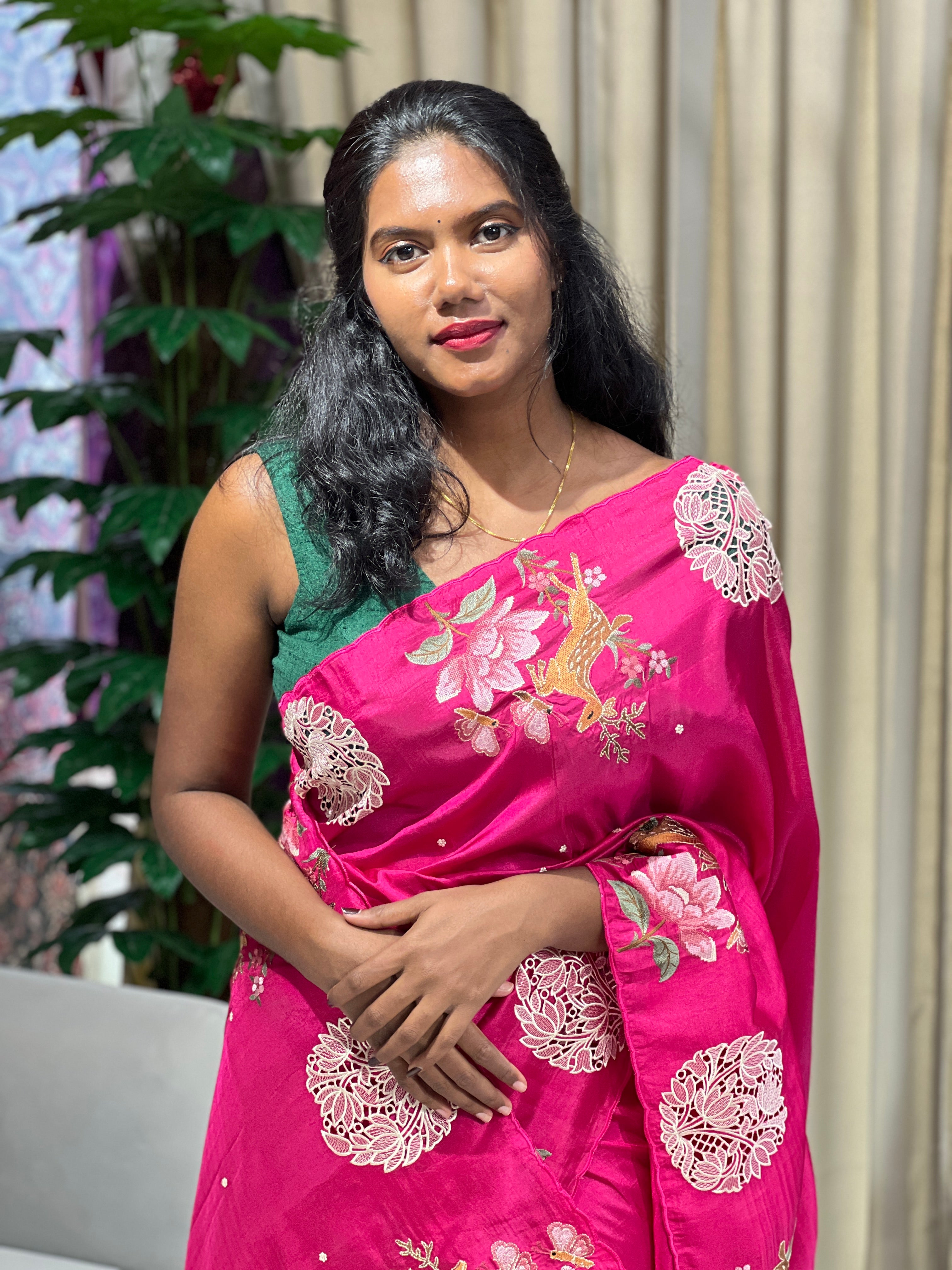 Floral Embroidery Detailed Tussar Saree | SUN579