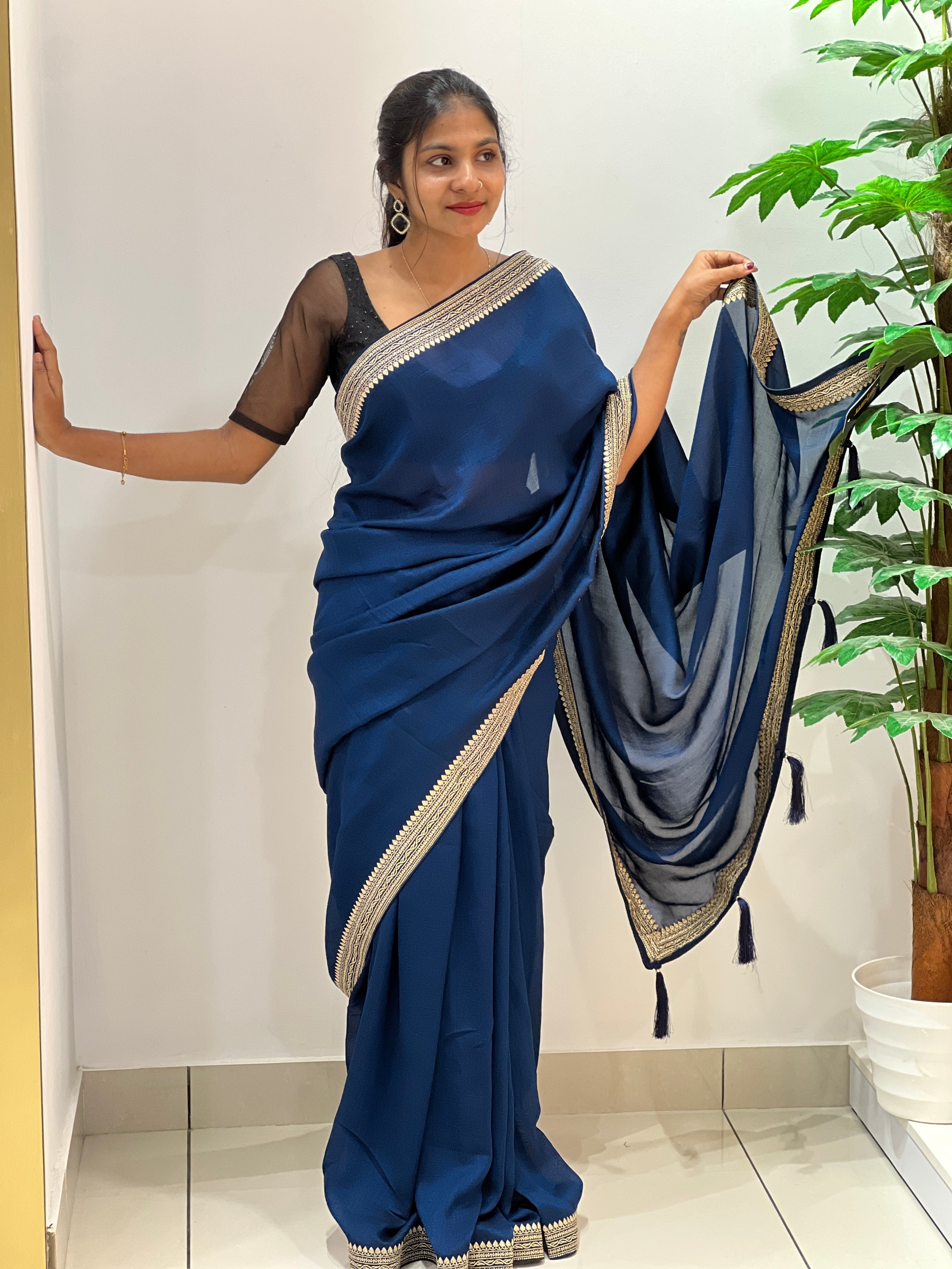 Embroidery Border Detailed Vichitra Silk Saree | RP486