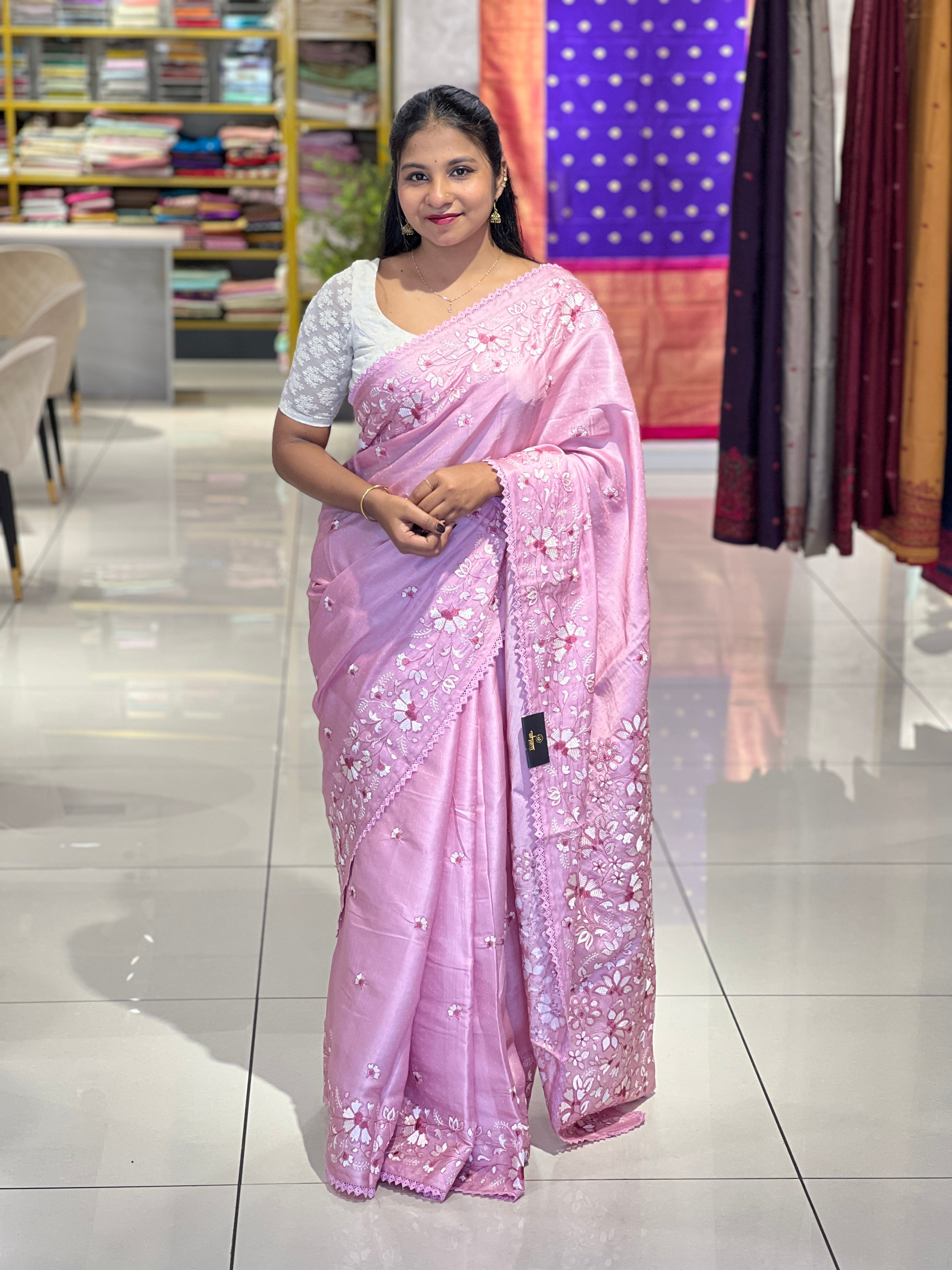 Machine Embroidery Detailed Semi Tussar Saree | SUN584
