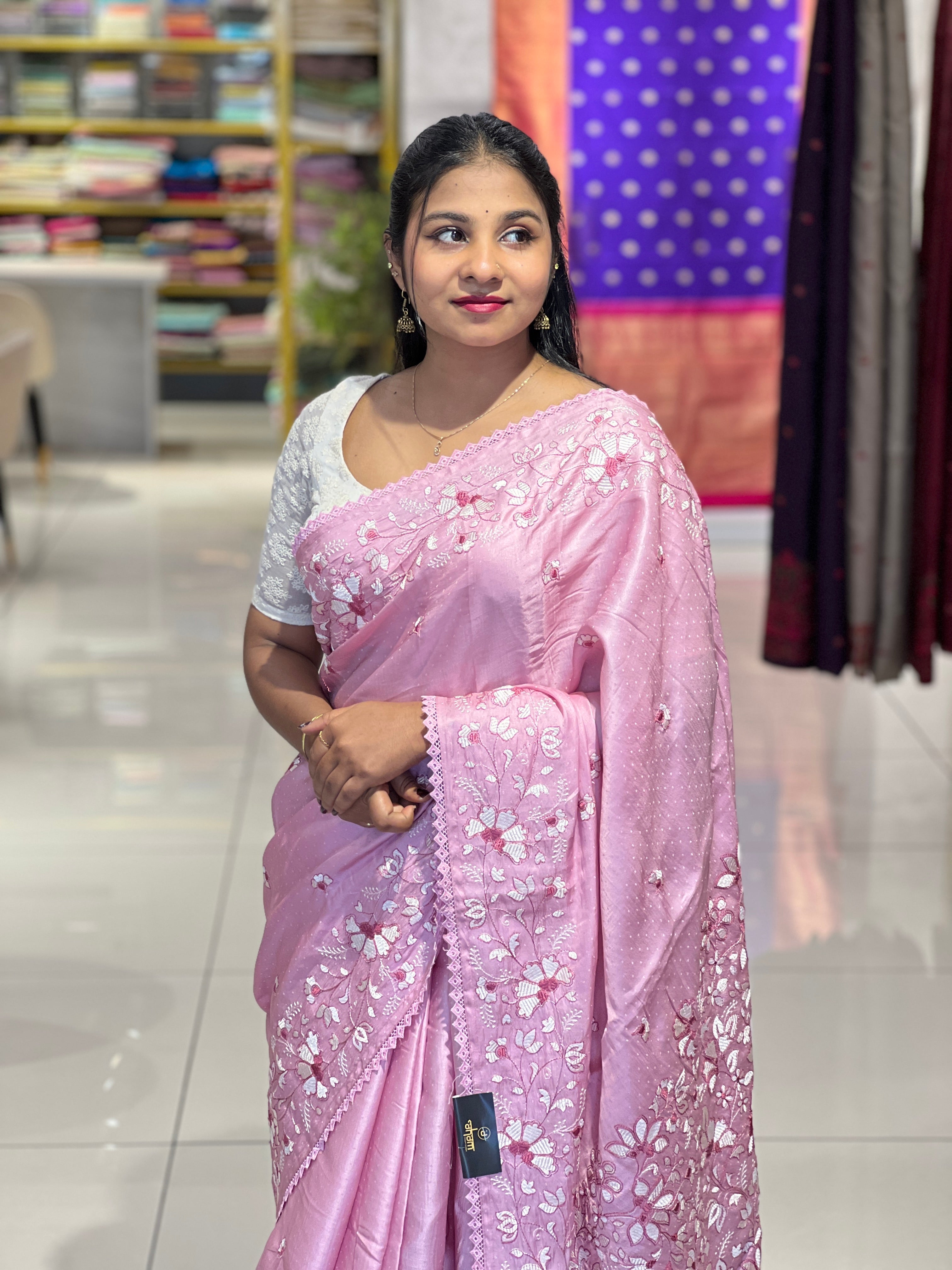 Machine Embroidery Detailed Semi Tussar Saree | SUN584
