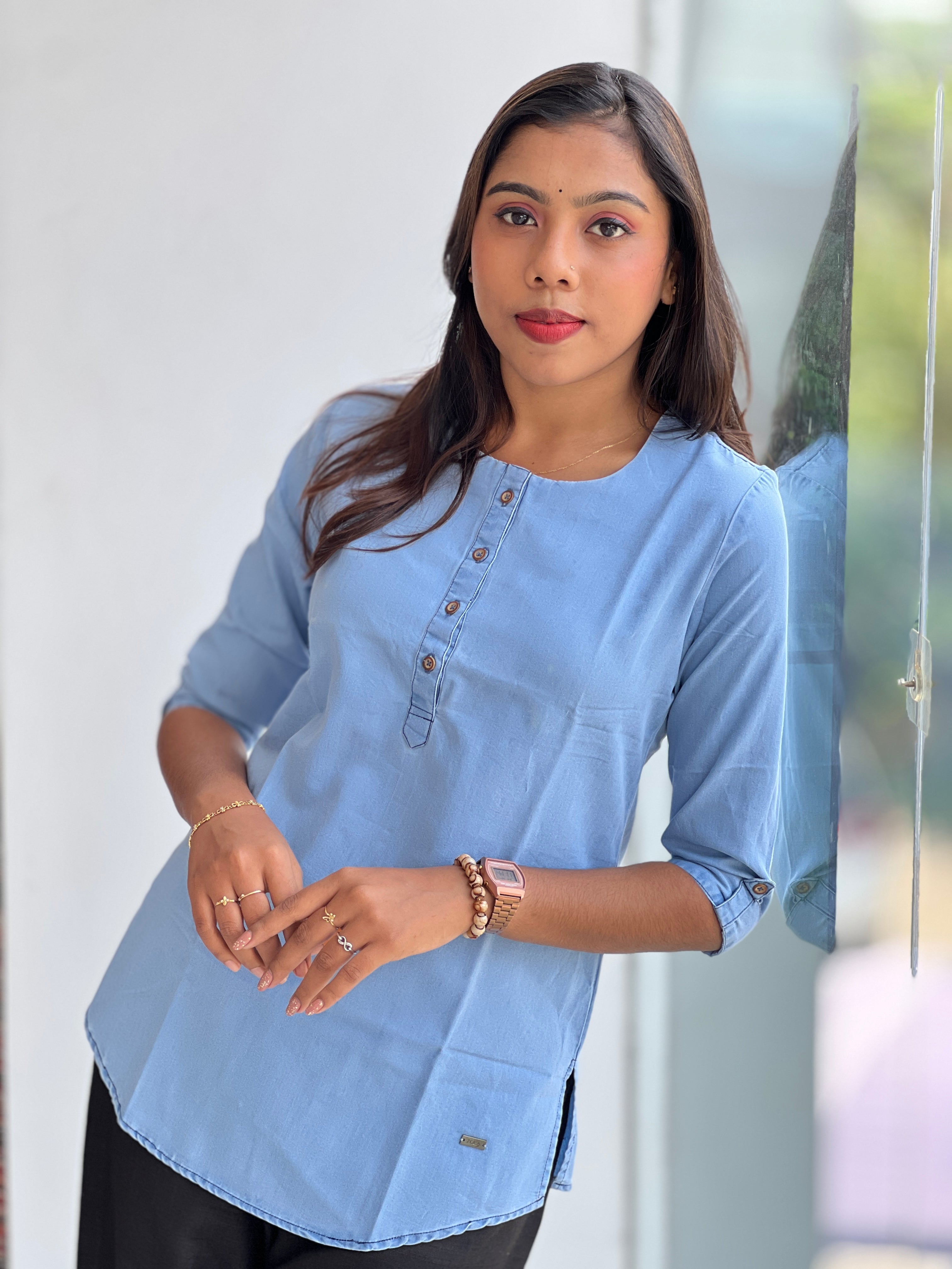 Button Detailed Solid Denim Short Kurta | PGI312