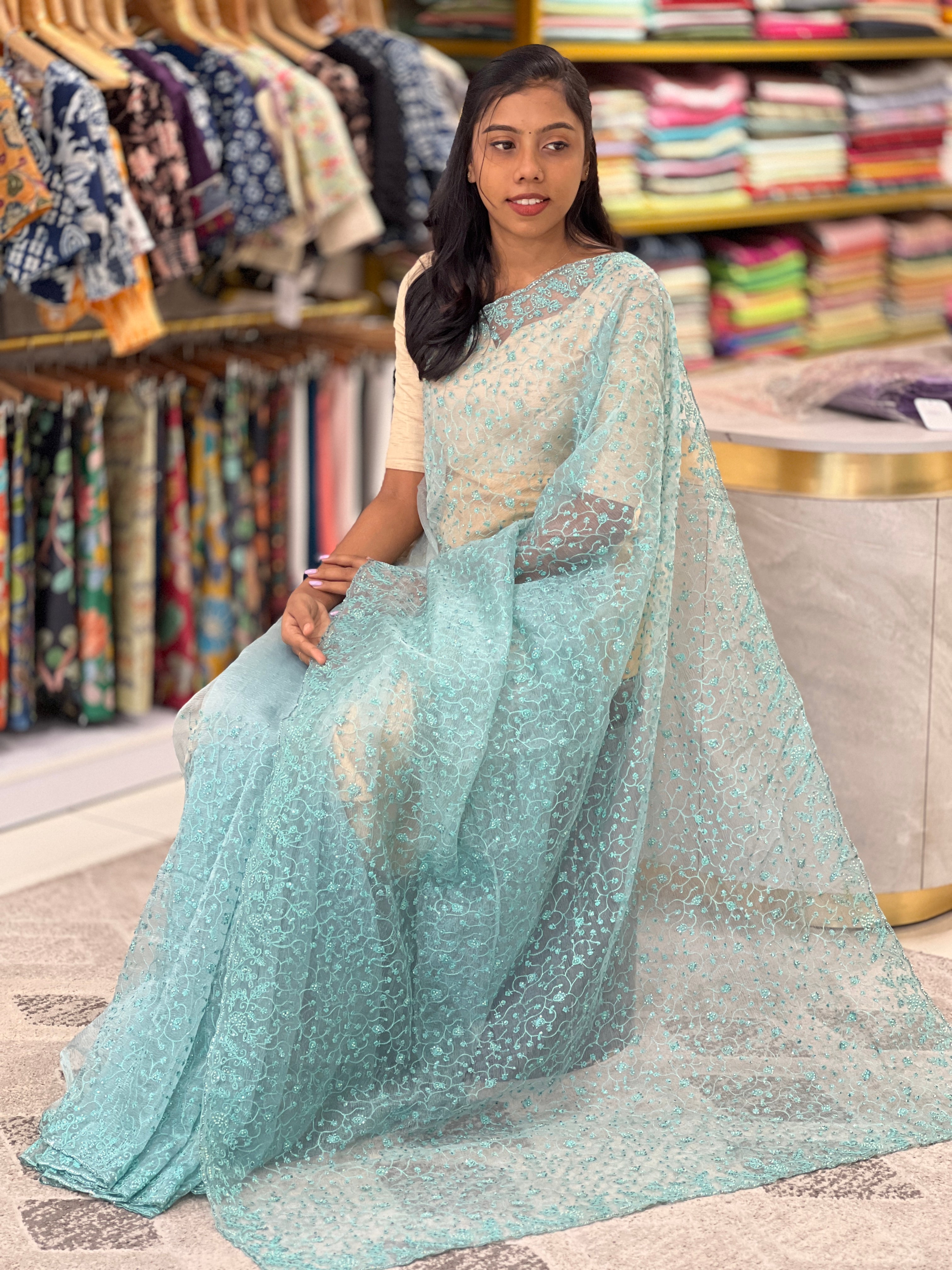 Machine Embroidery Crushed Organza Saree | SBP651