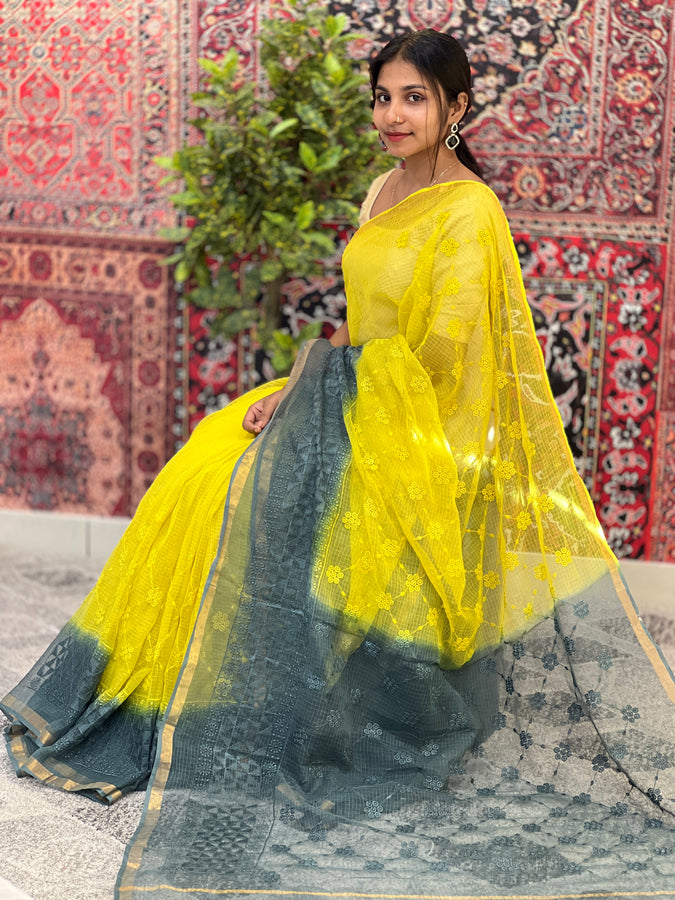 Yellow & Grey Dip-Dyed Kota Saree  | RK268