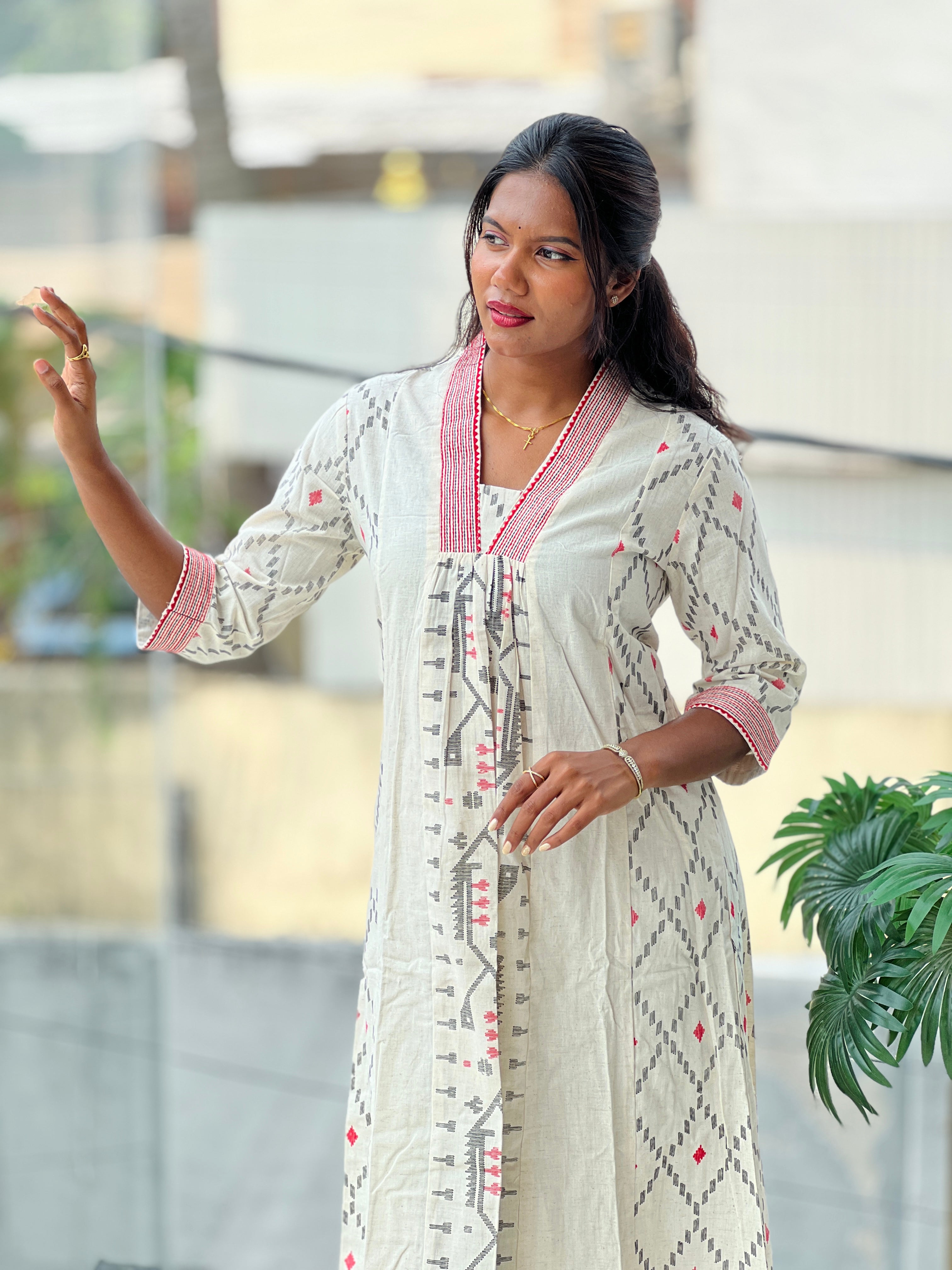 Print With Embroidery Detailed Cotton Kurta Set | OMF105