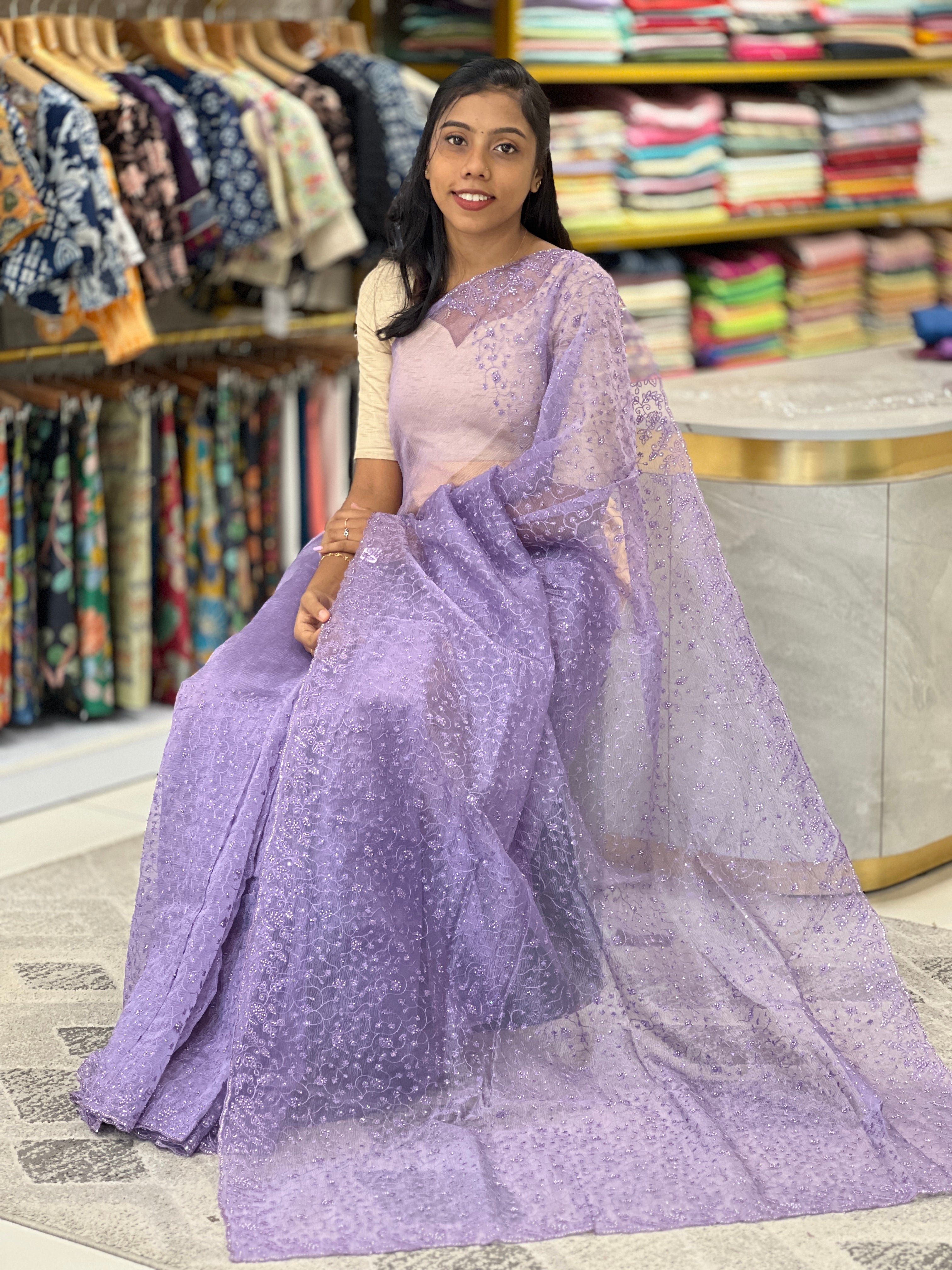 Machine Embroidery Crushed Organza Saree | SBP649