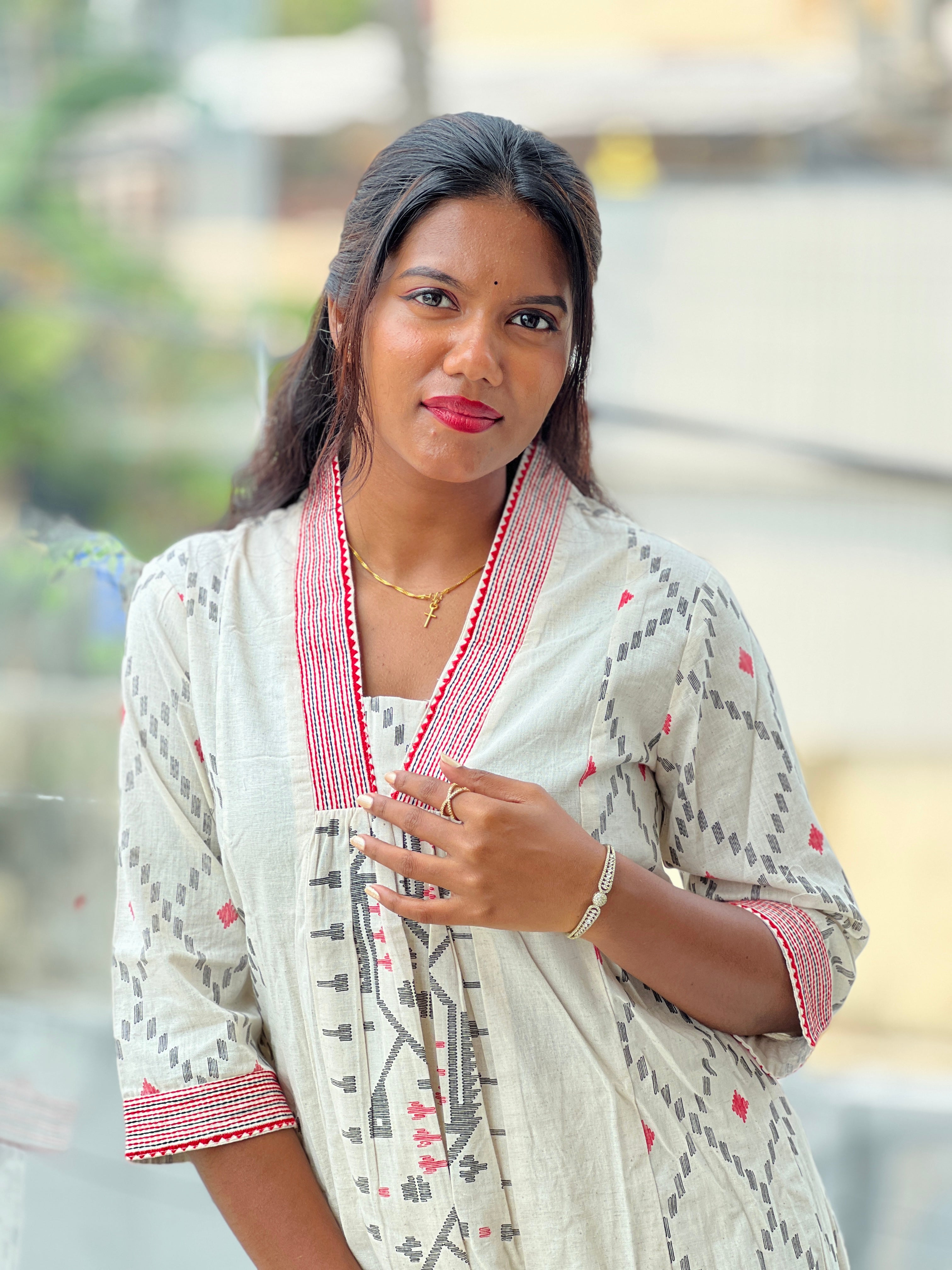 Print With Embroidery Detailed Cotton Kurta Set | OMF105