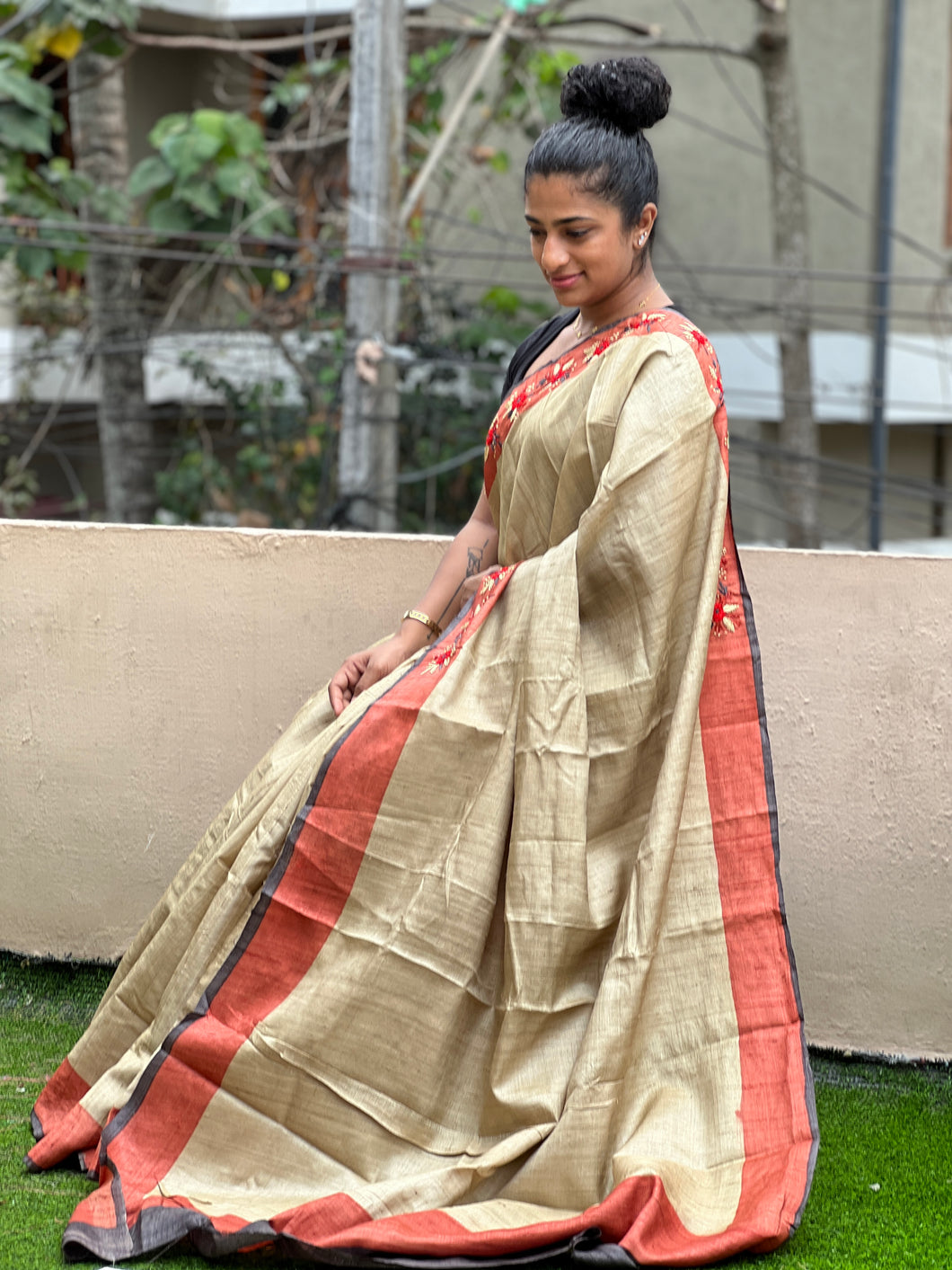 Hand Embroidered  Desi Tussur Saree | AHD1635