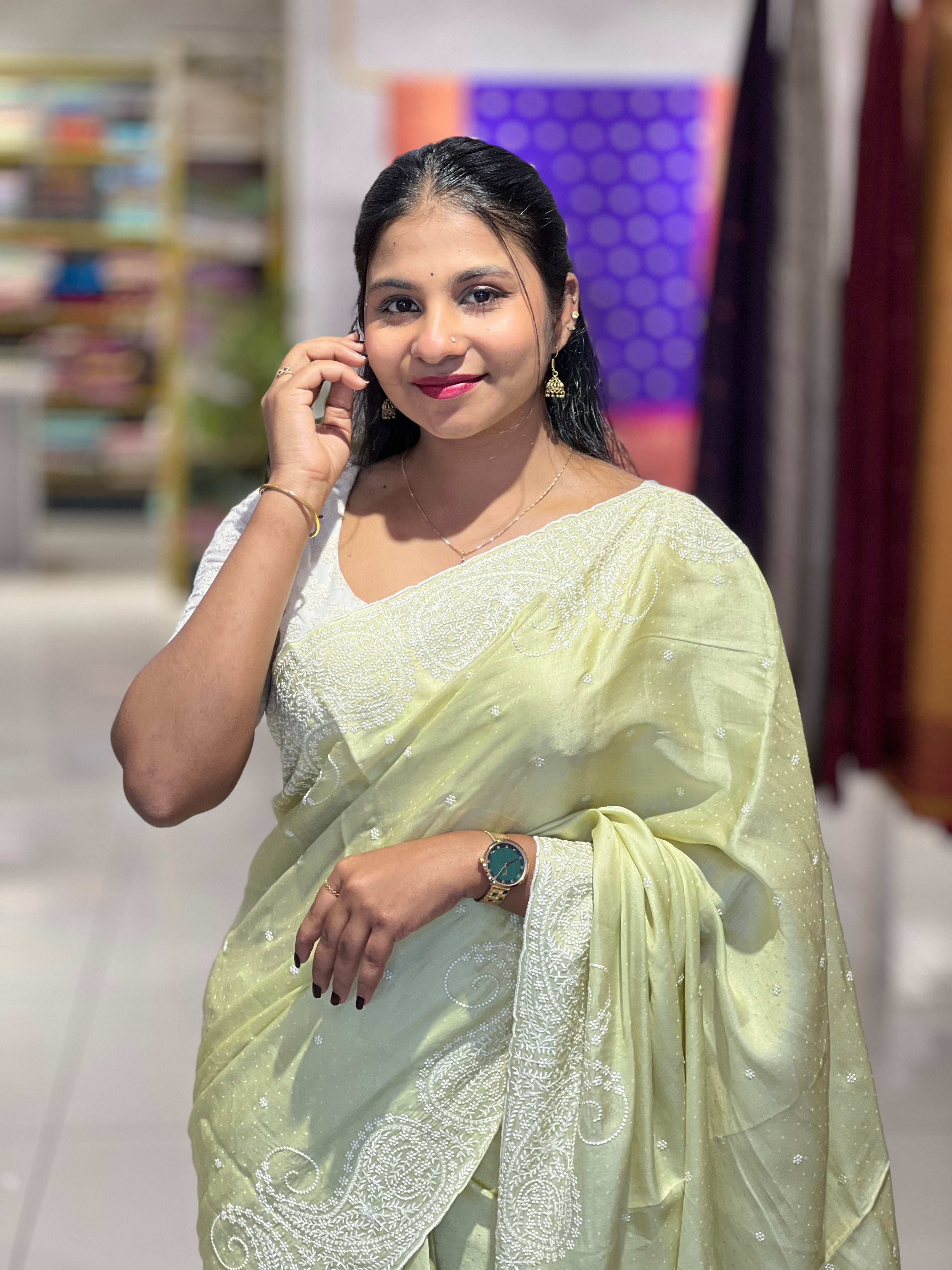 Point Embroidery Detailed Semi Tussar Saree | SUN522