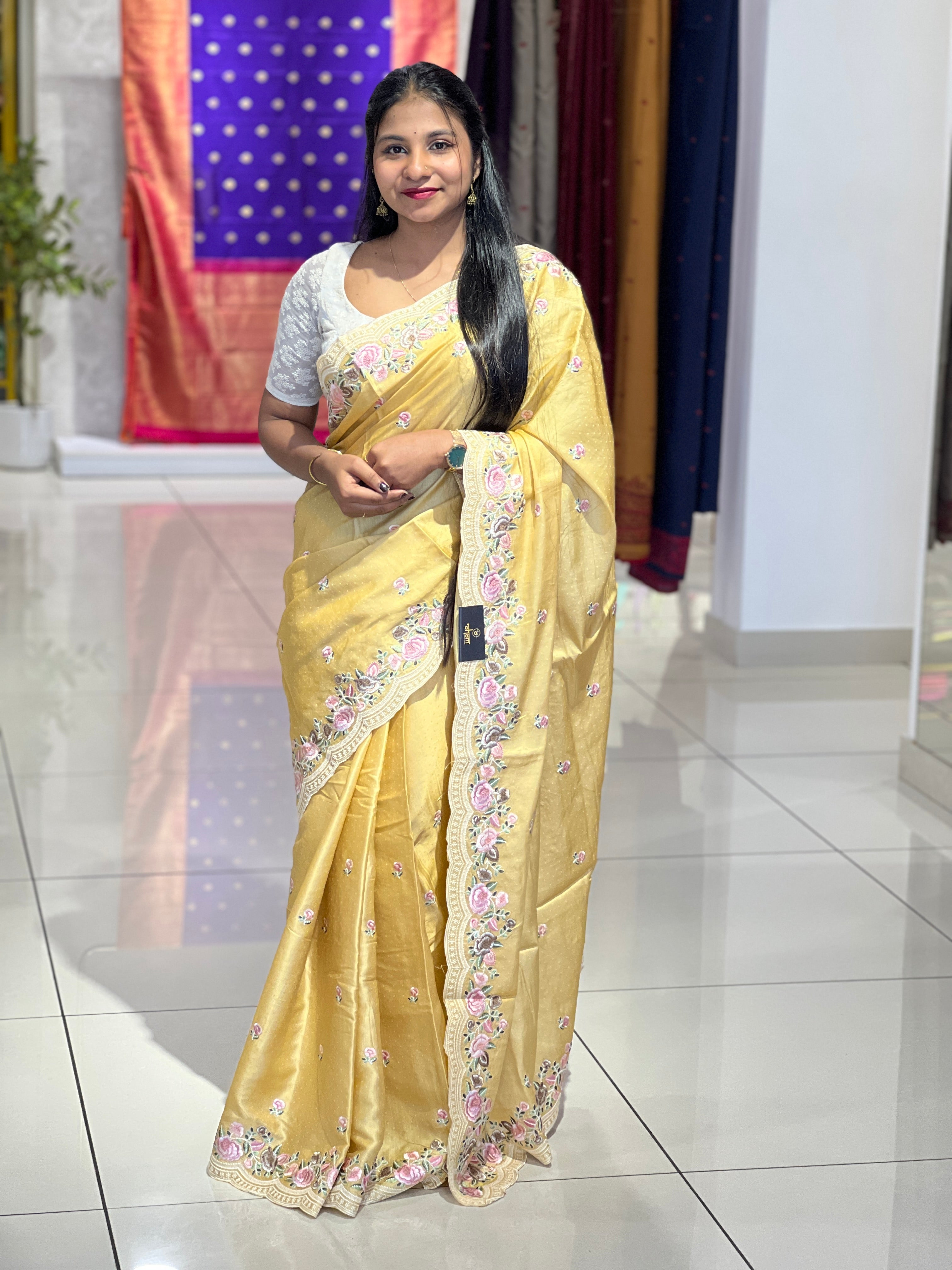 Floral Embroidered Semi Tussar Saree | SUN532