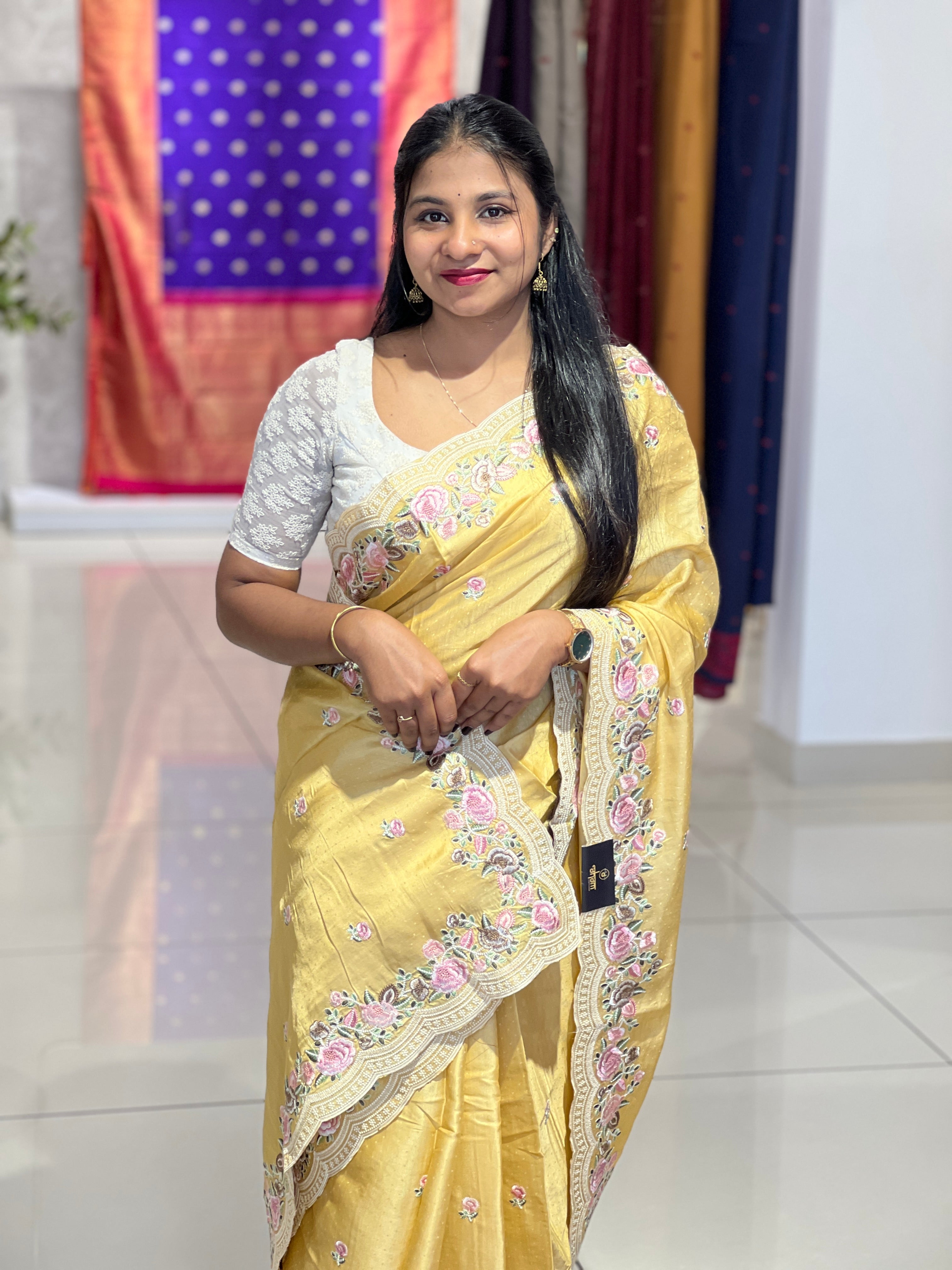 Floral Embroidered Semi Tussar Saree | SUN532