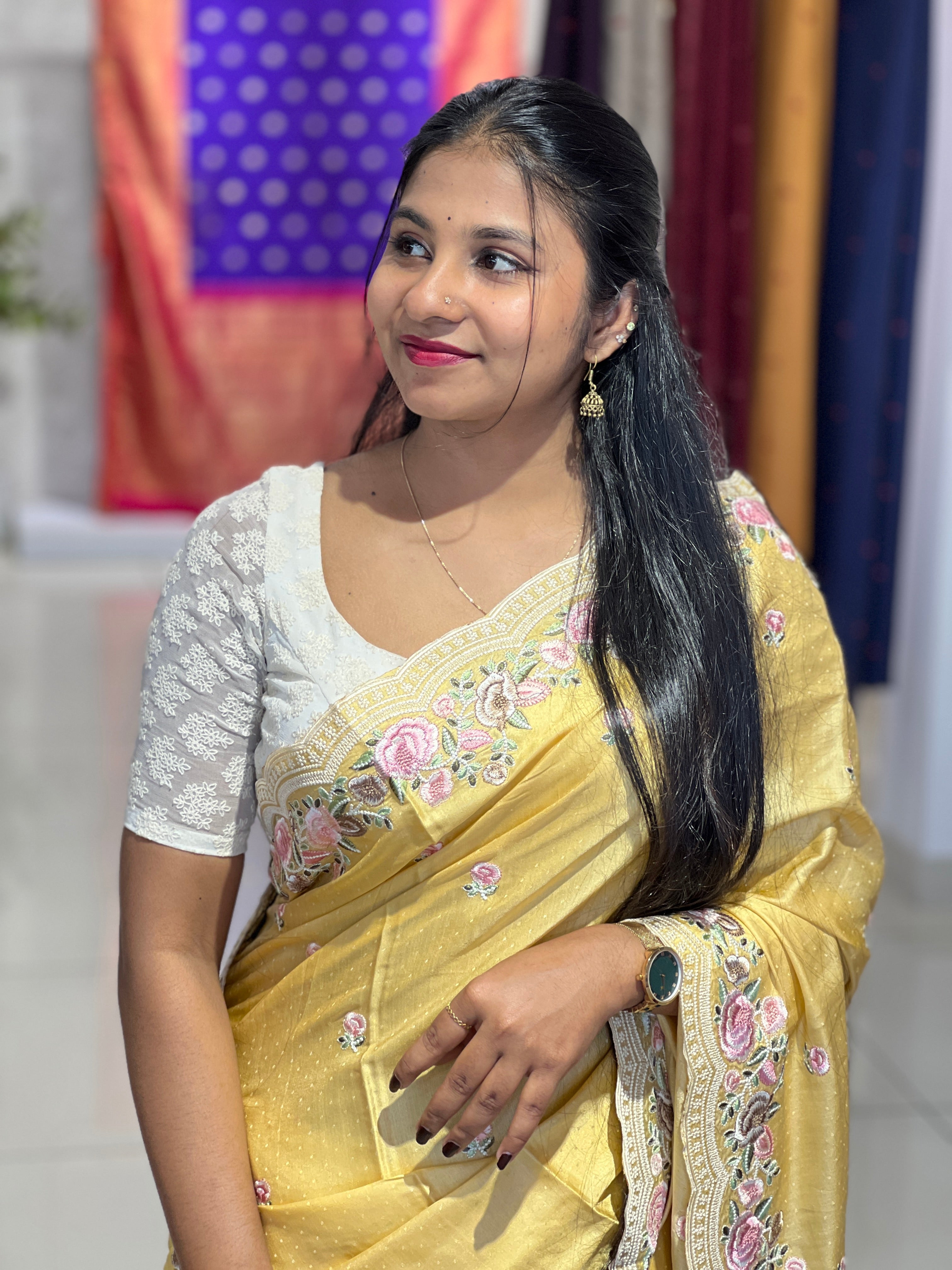 Floral Embroidered Semi Tussar Saree | SUN532