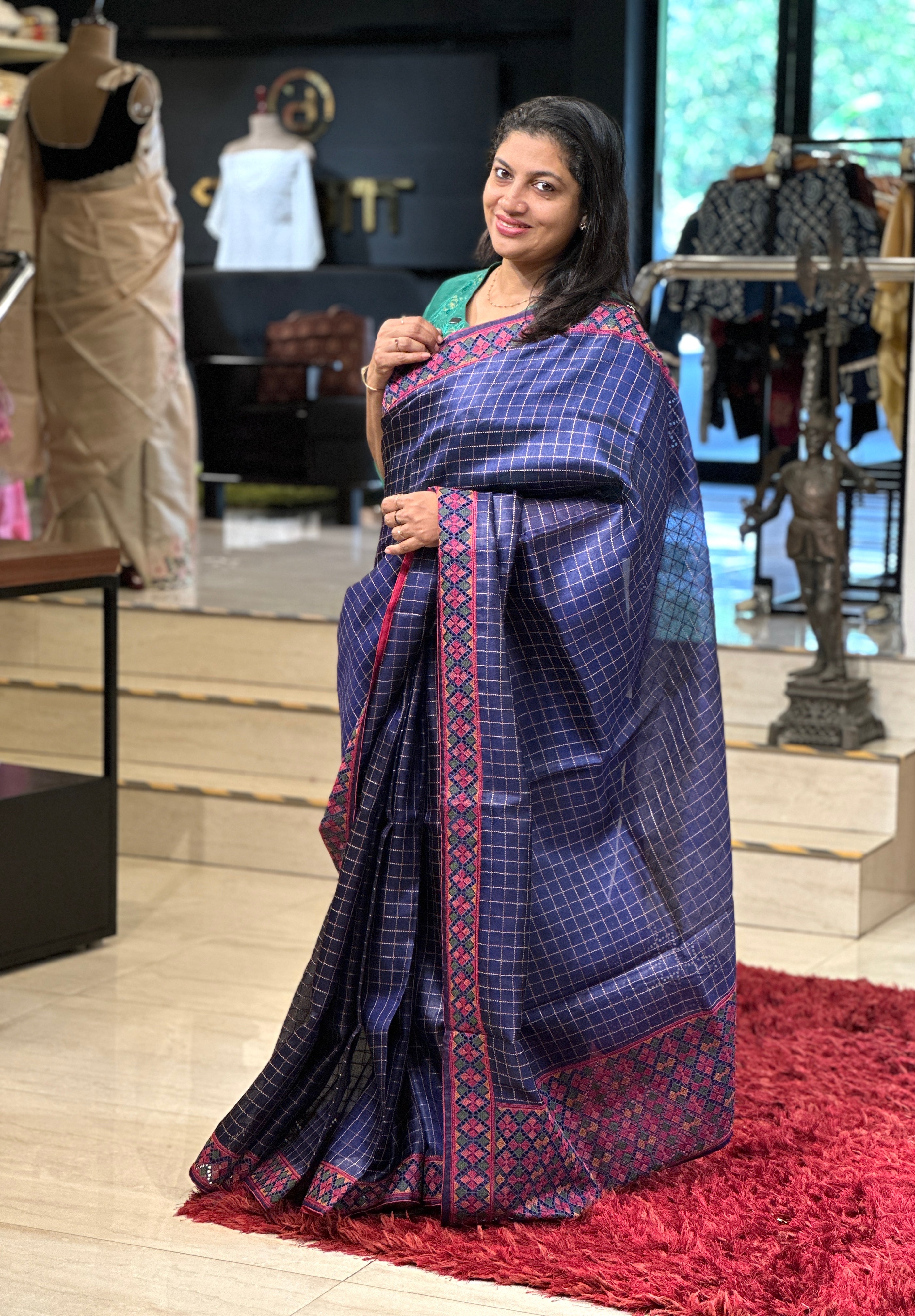 Check Weaving Machine Embroidery Detailed Pure Tussar Saree | RGD715