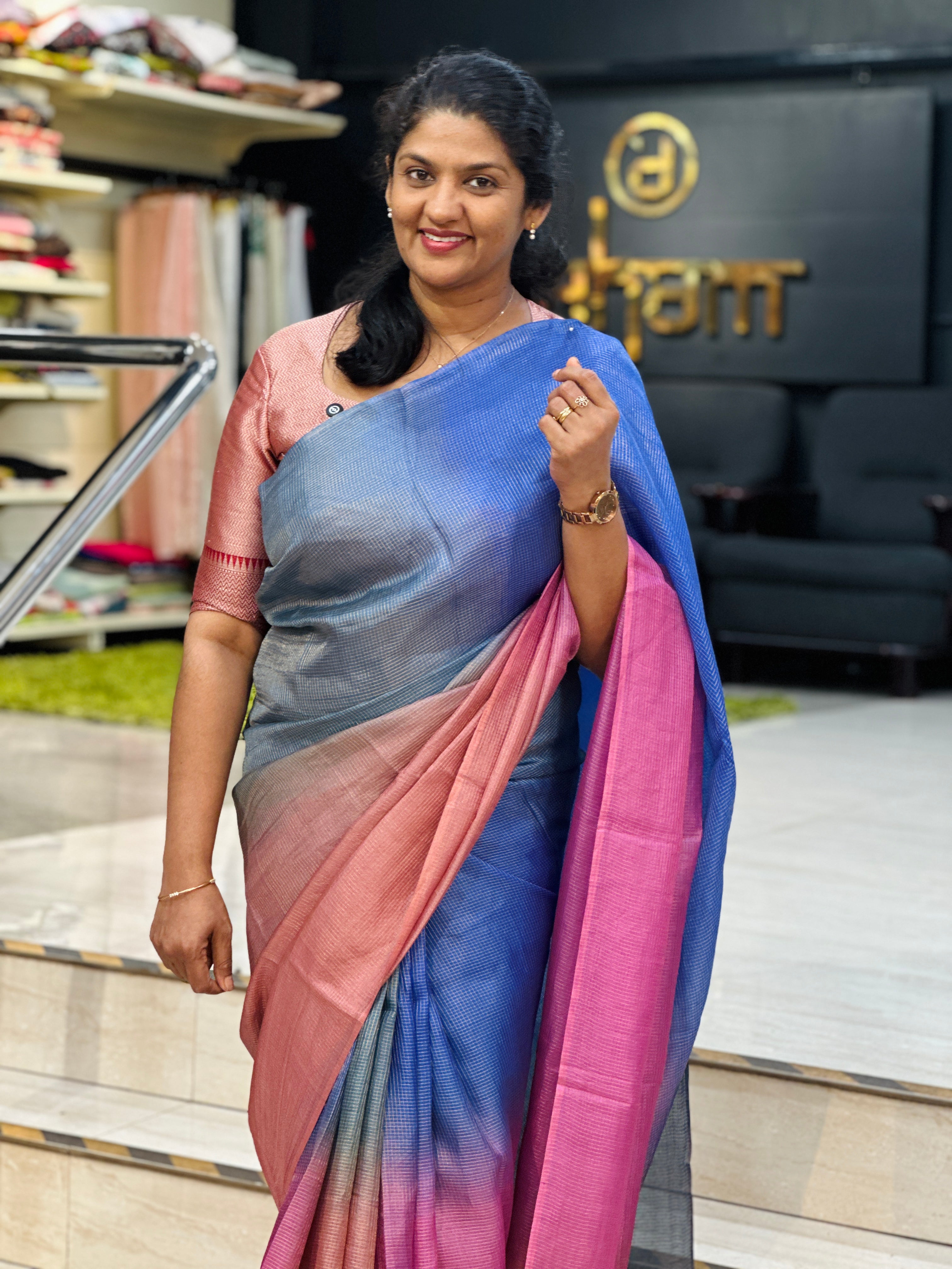 Tissue Check Pattern Tussar Saree | HS1449