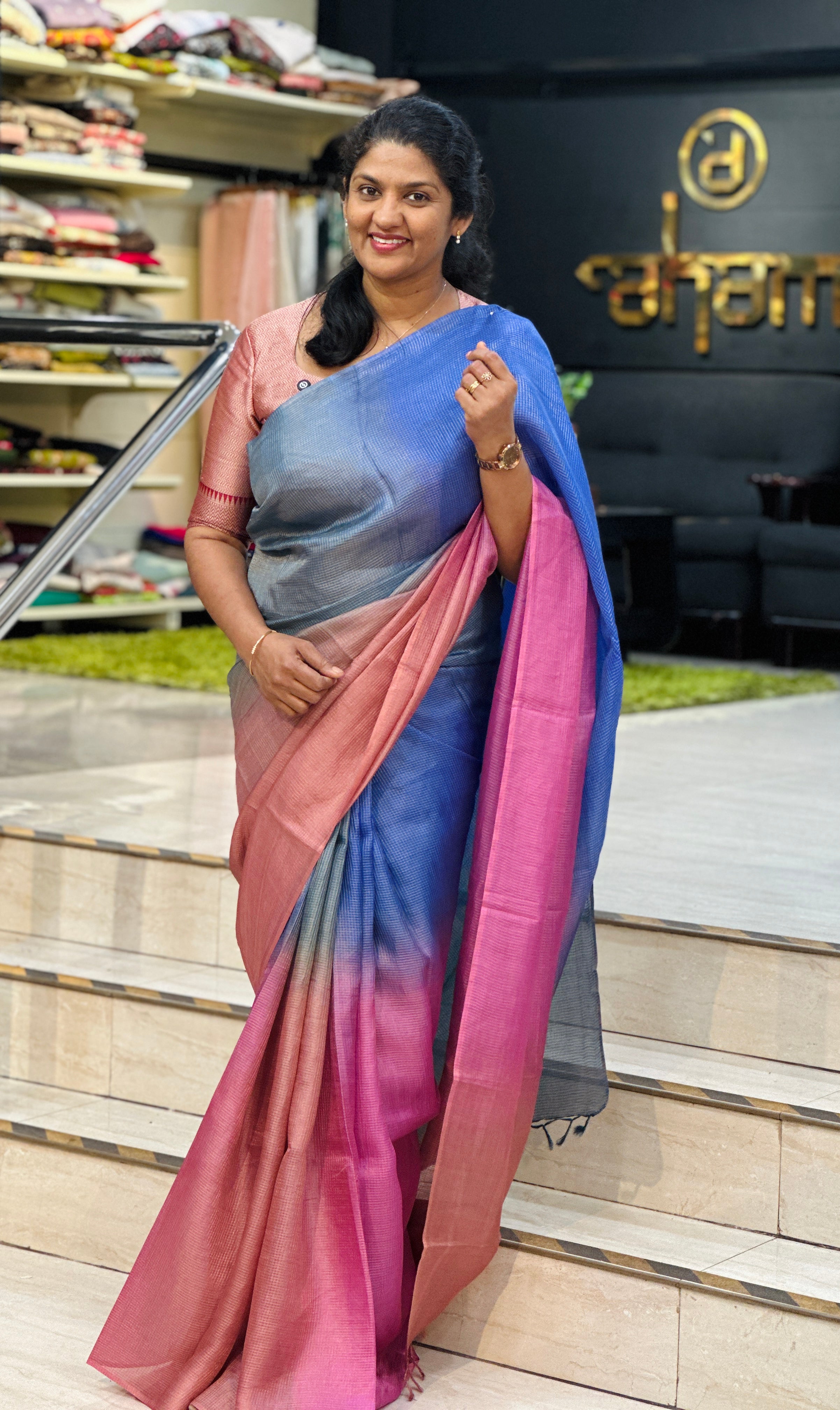 Tissue Check Pattern Tussar Saree | HS1449