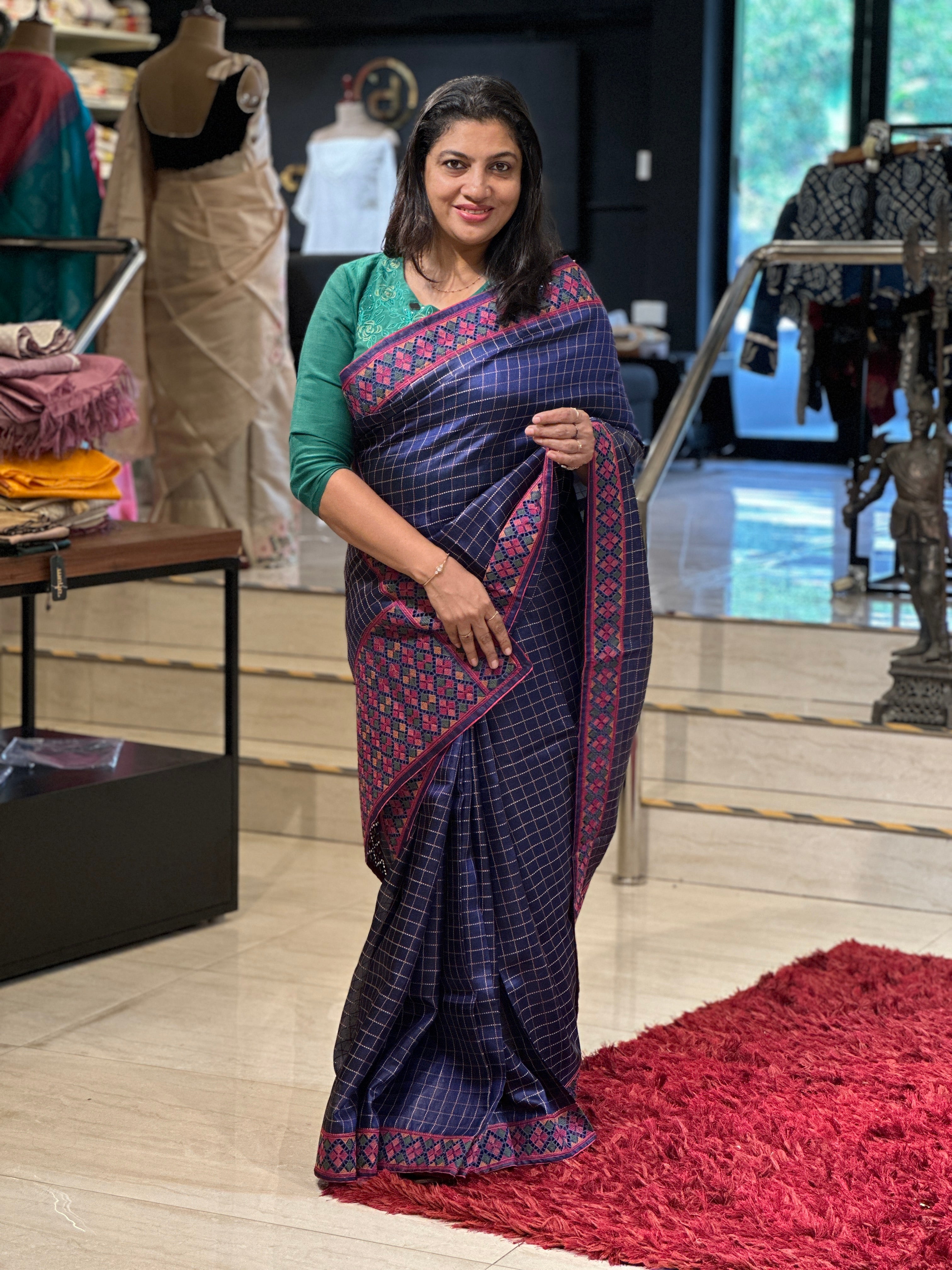 Check Weaving Machine Embroidery Detailed Pure Tussar Saree | RGD715