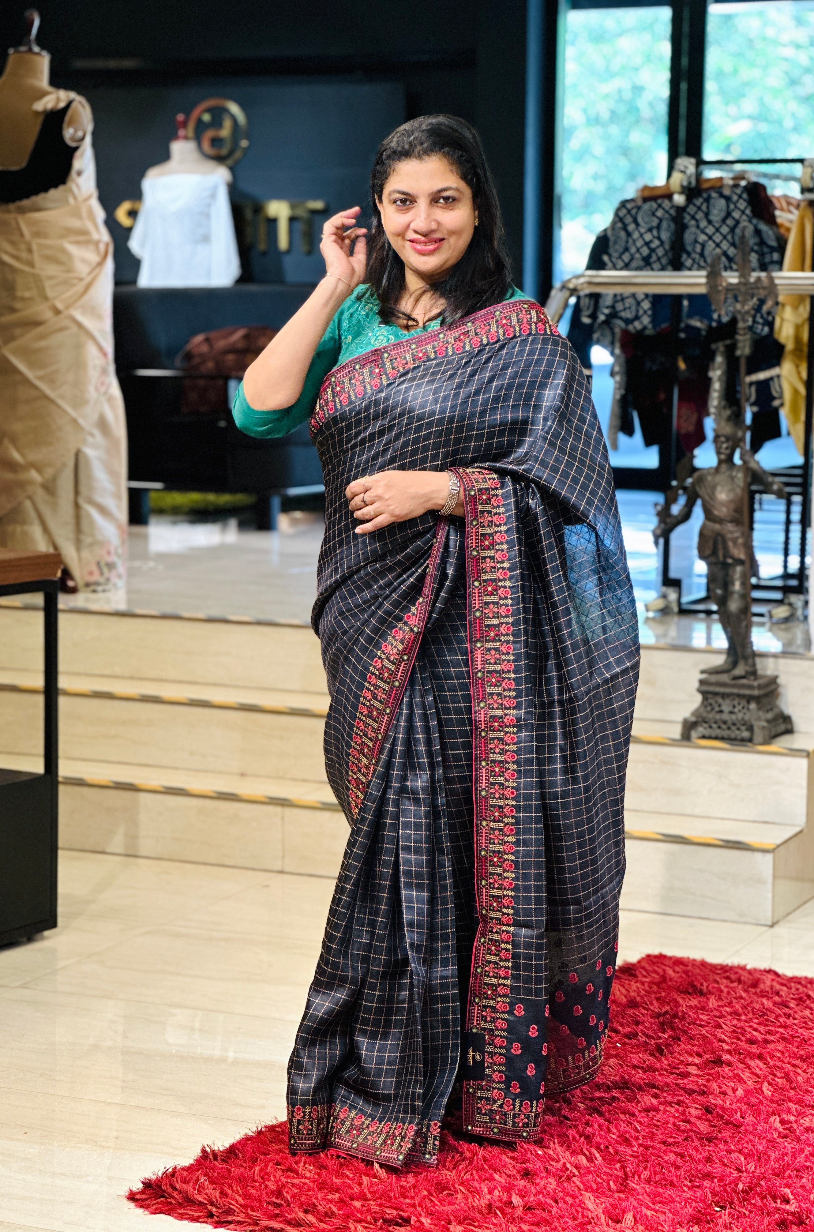 Check Weaving Machine Embroidery Detailed Pure Tussar Saree | RGD719