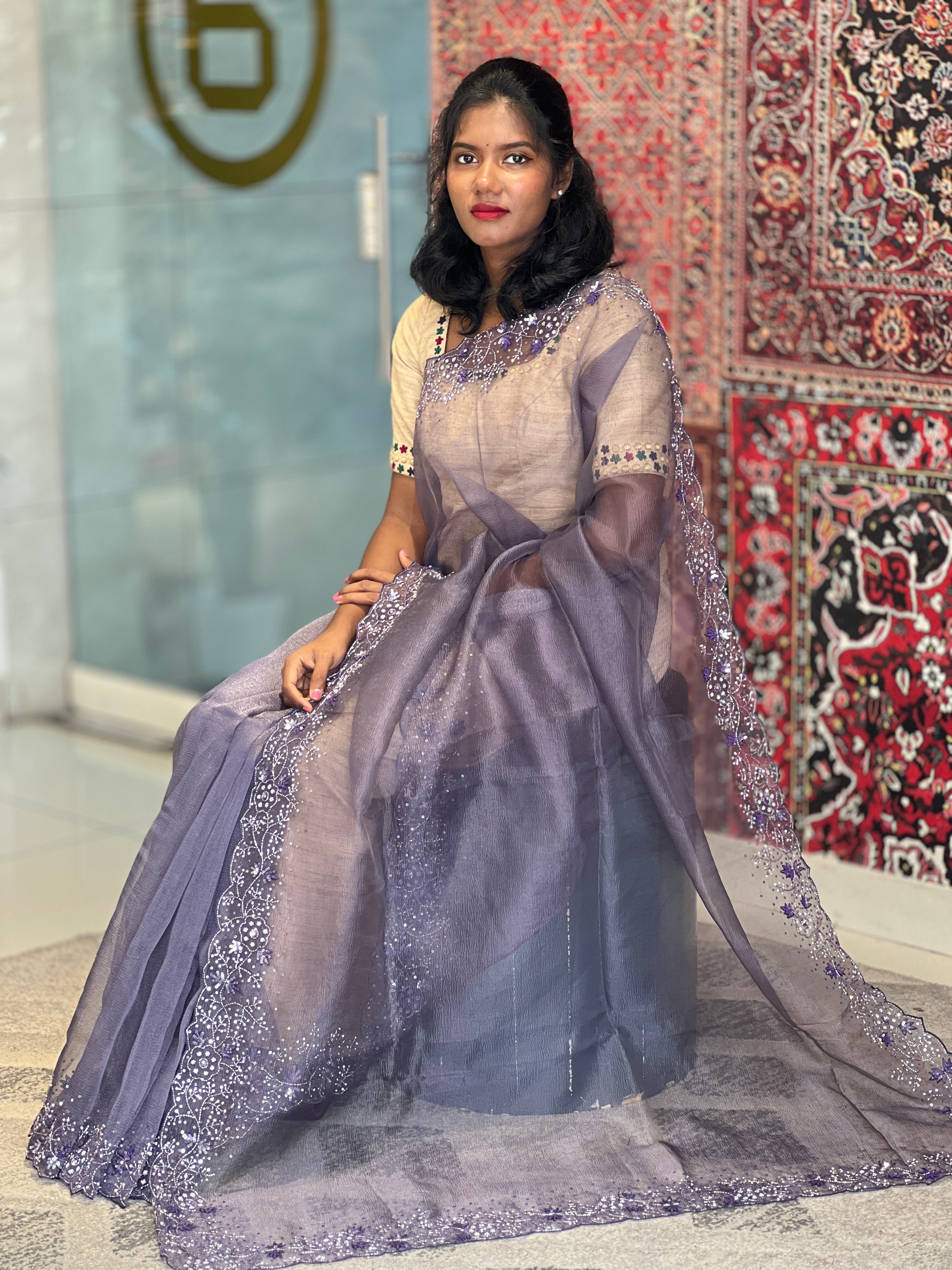 Hand Work Detailed Crushed Shimmer Organza Saree | SBP705
