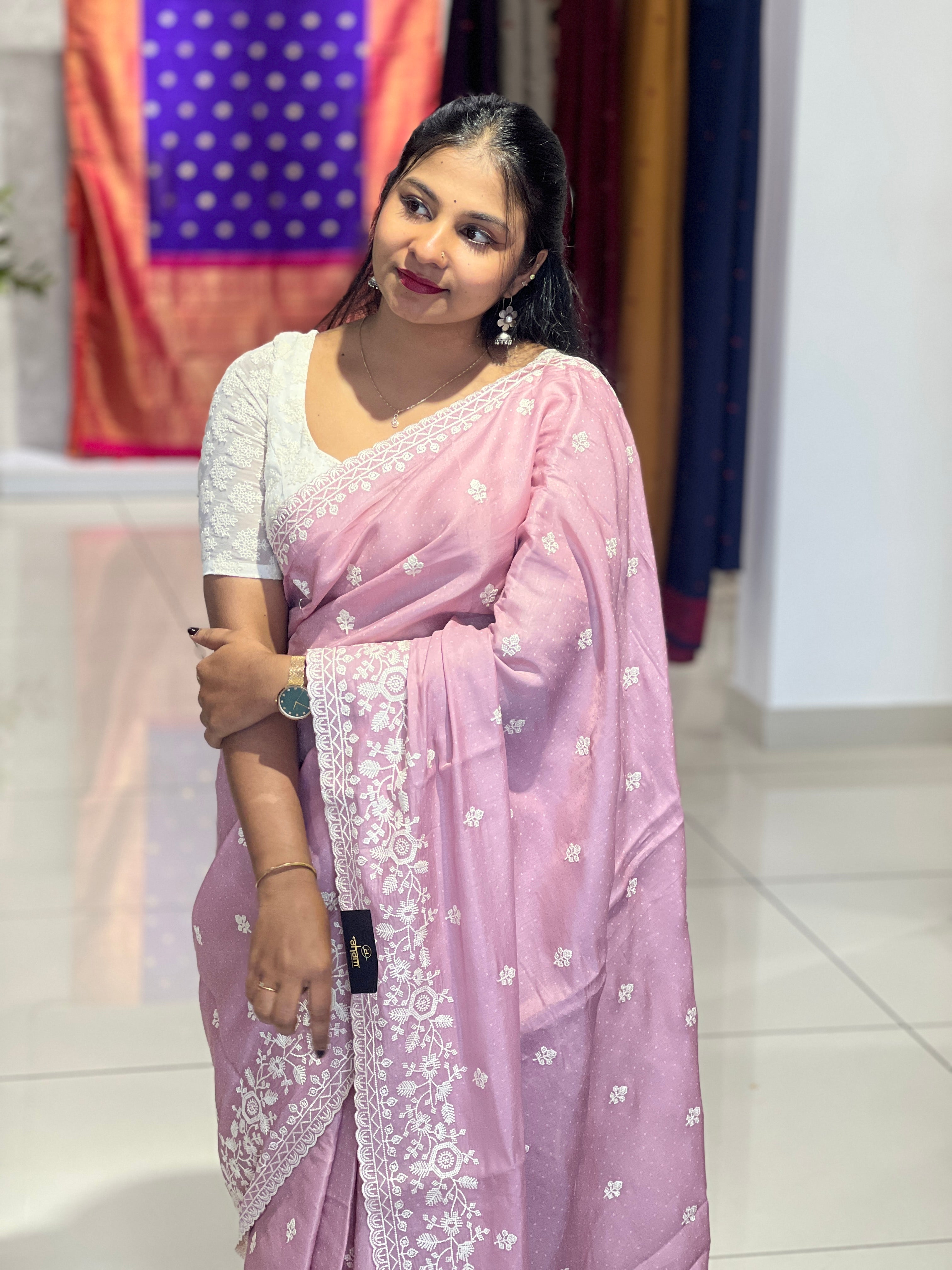 Point Embroidery Detailed Semi Tussar Saree | SUN542