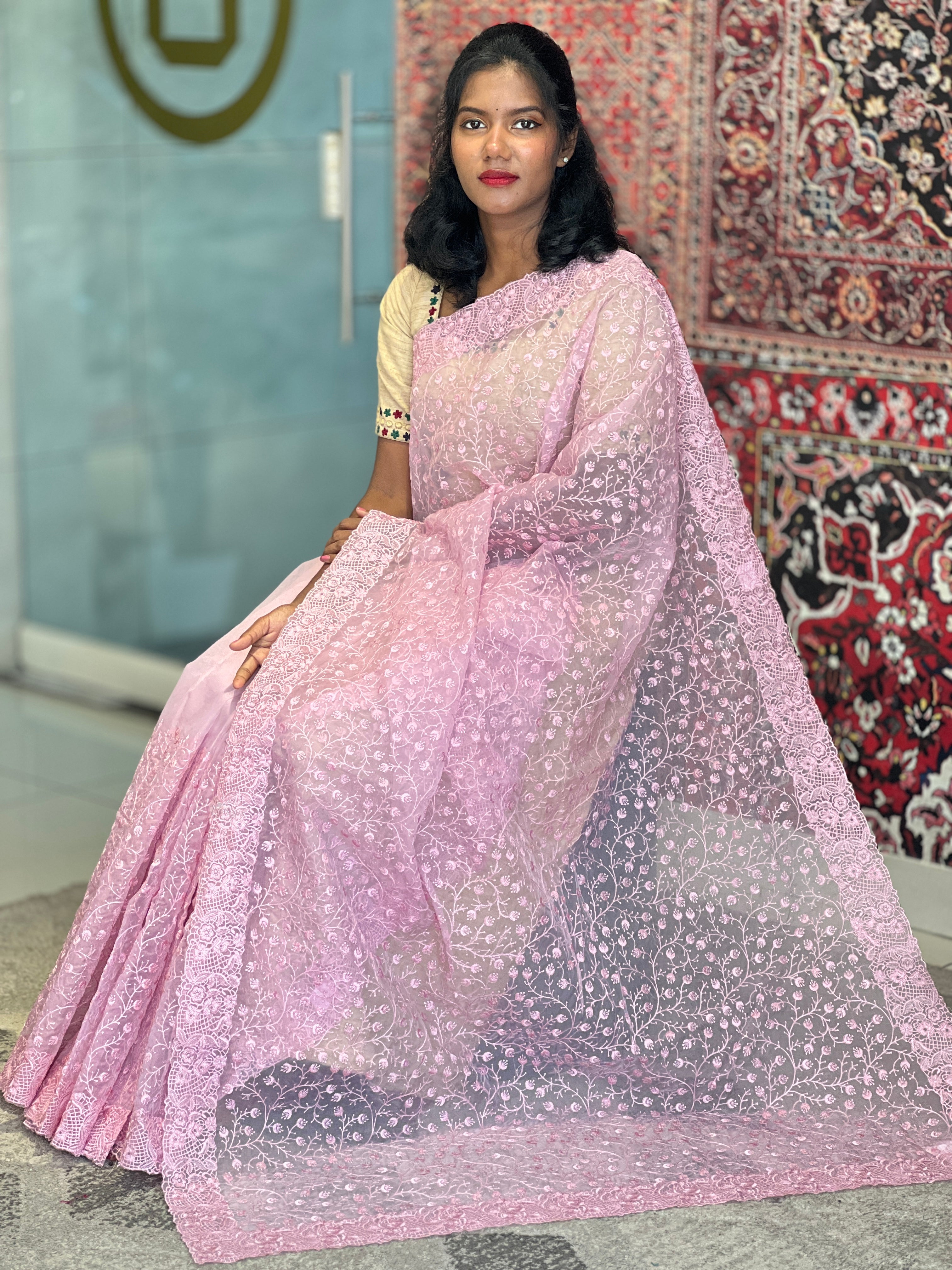 Machine Emboridered Organza Saree | SBP669