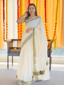 Kara With Zari Stripe Border Detailed Kerala Cotton Saree | KL364