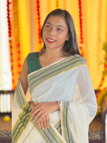 Kara With Zari Stripe Border Detailed Kerala Cotton Saree | KL364