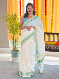 Kara With Zari Stripe Border Detailed Kerala Cotton Saree | KL363