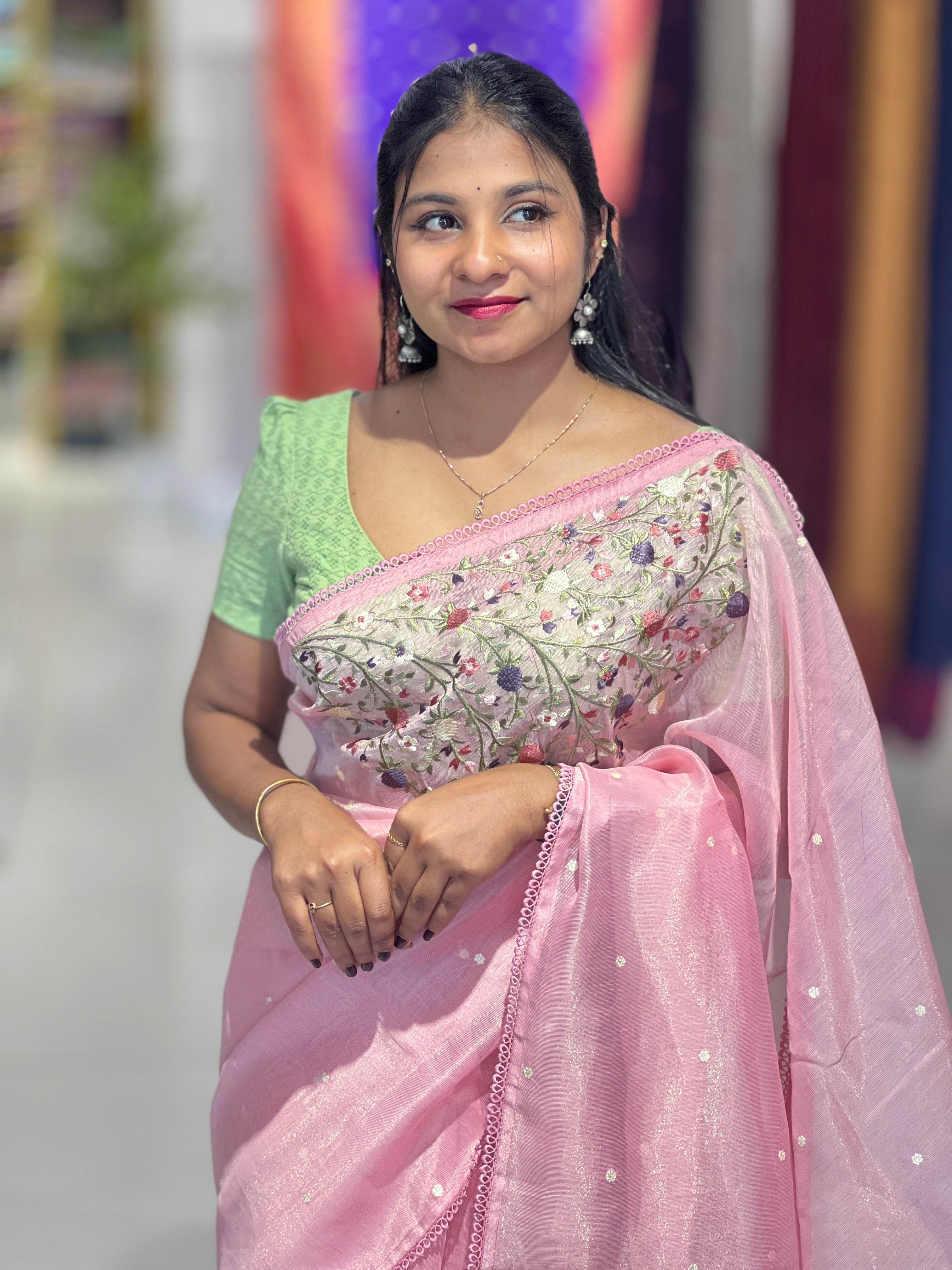 Placement Embroidery Detailed Tissue Saree | SUN516