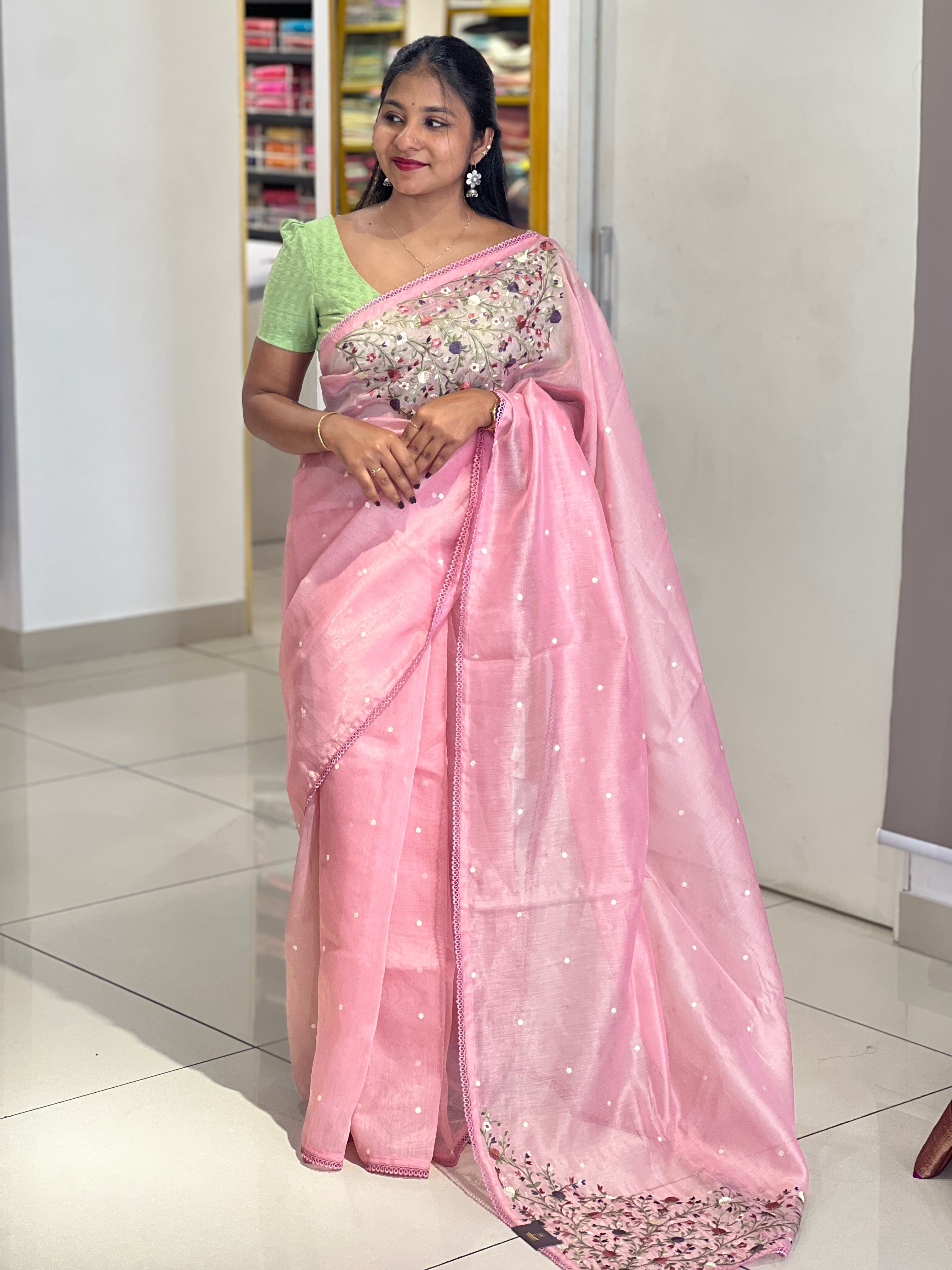 Placement Embroidery Detailed Tissue Saree | SUN516