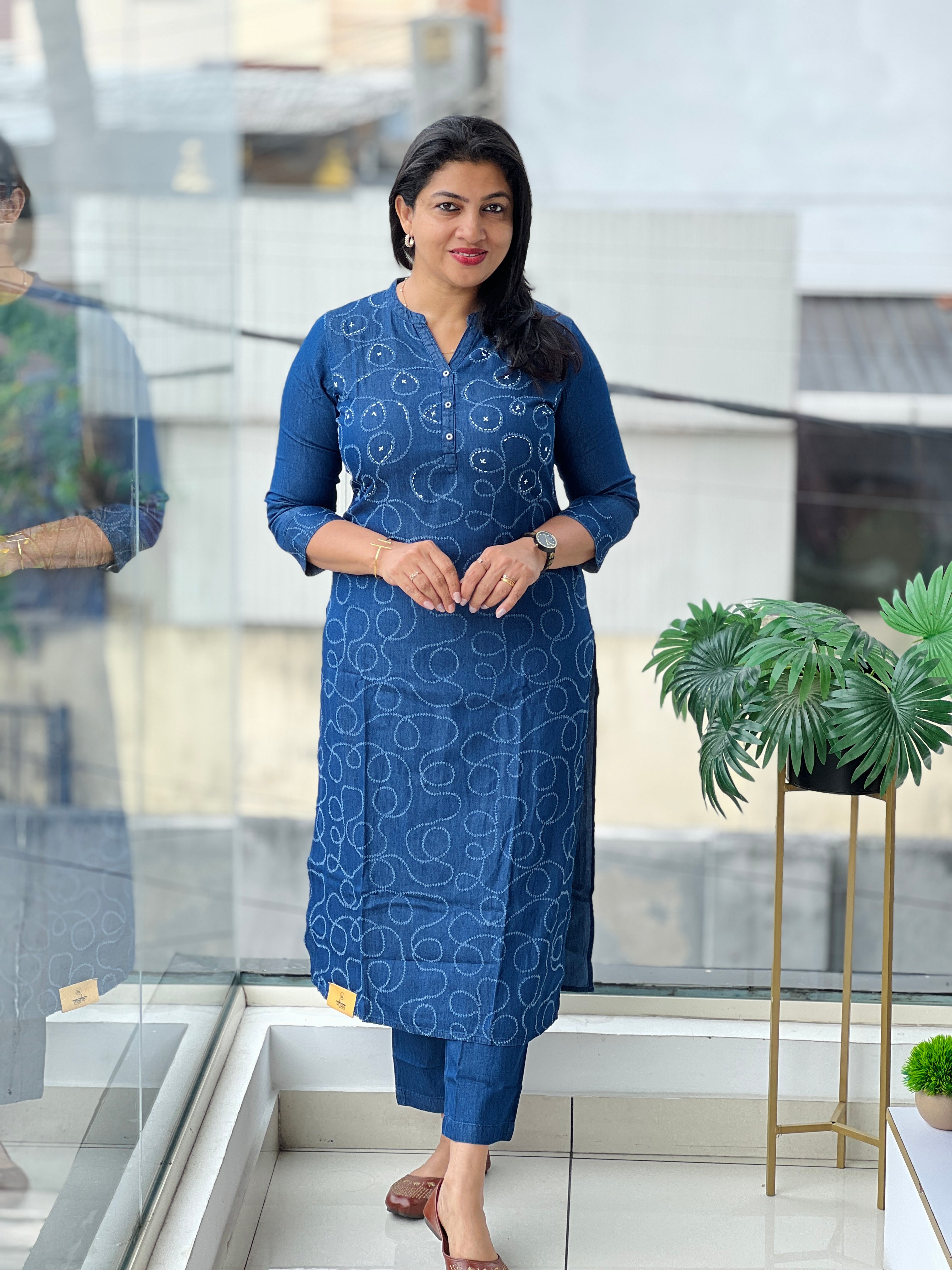 Embroidery Detailed Denim-Cotton Kurta Set | OMF107