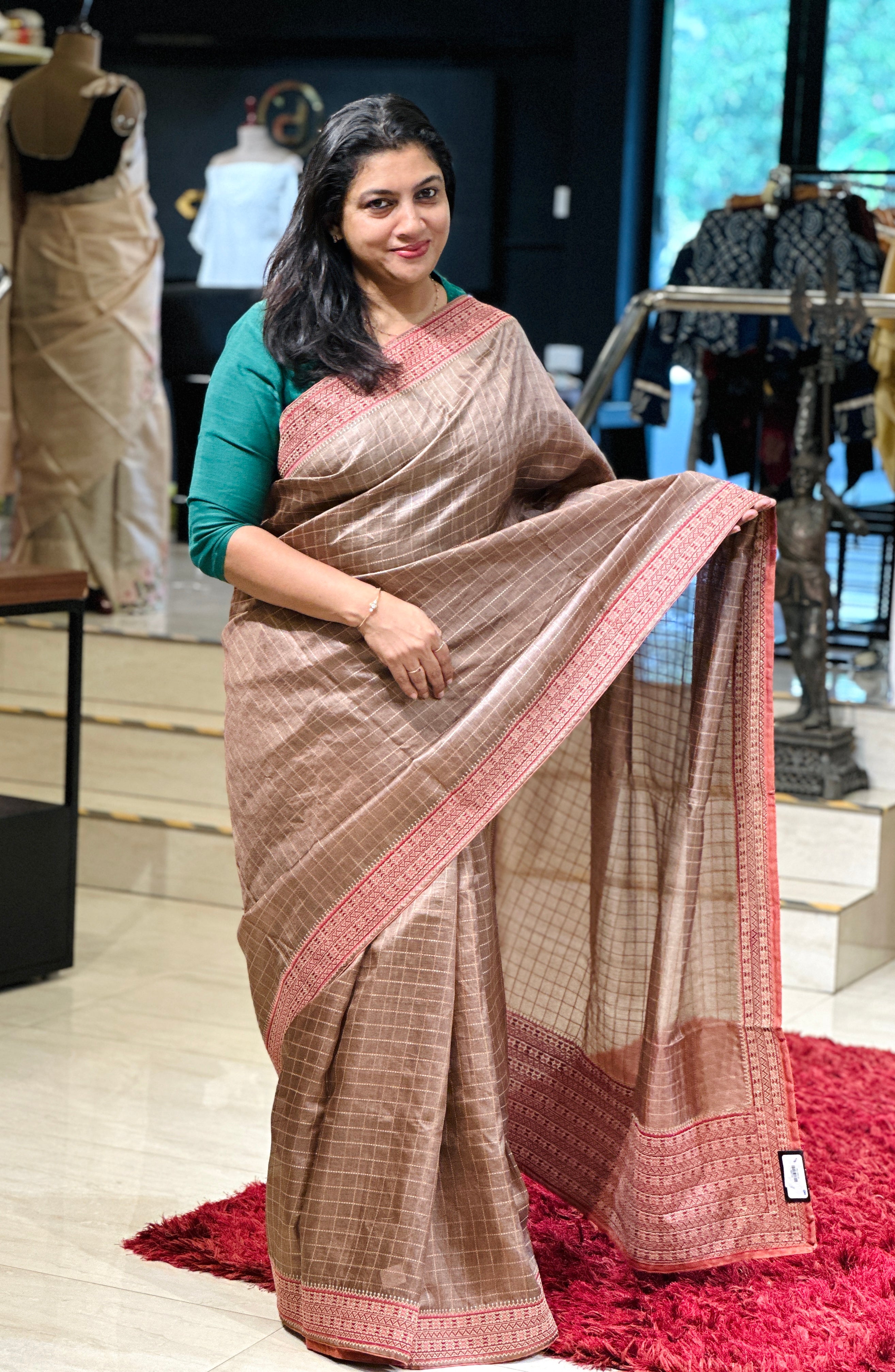 Check Weaving Machine Embroidery Detailed Pure Tussar Saree | RGD720