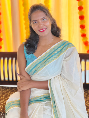 Kara With Zari Stripe Border Detailed Kerala Cotton Saree | KL363