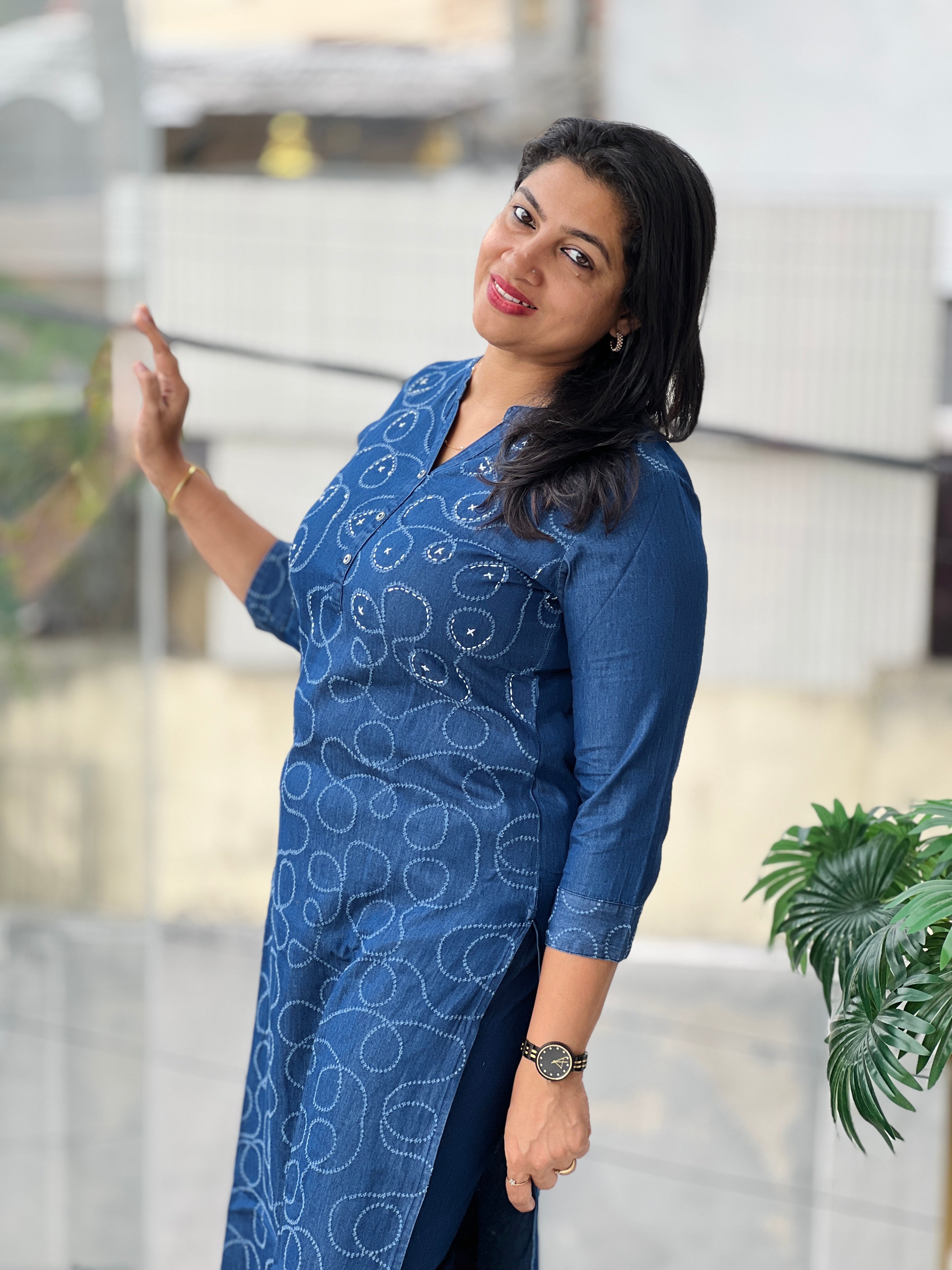 Embroidery Detailed Denim-Cotton Kurta Set | OMF107
