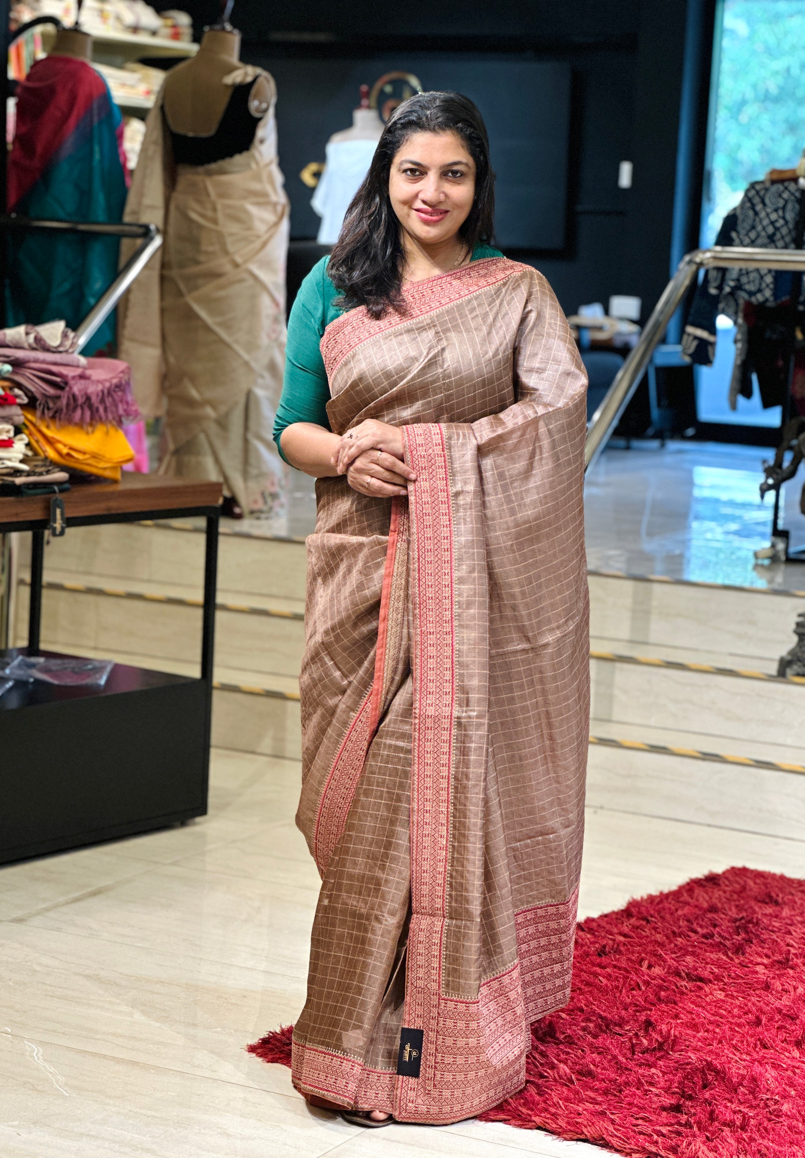 Check Weaving Machine Embroidery Detailed Pure Tussar Saree | RGD720