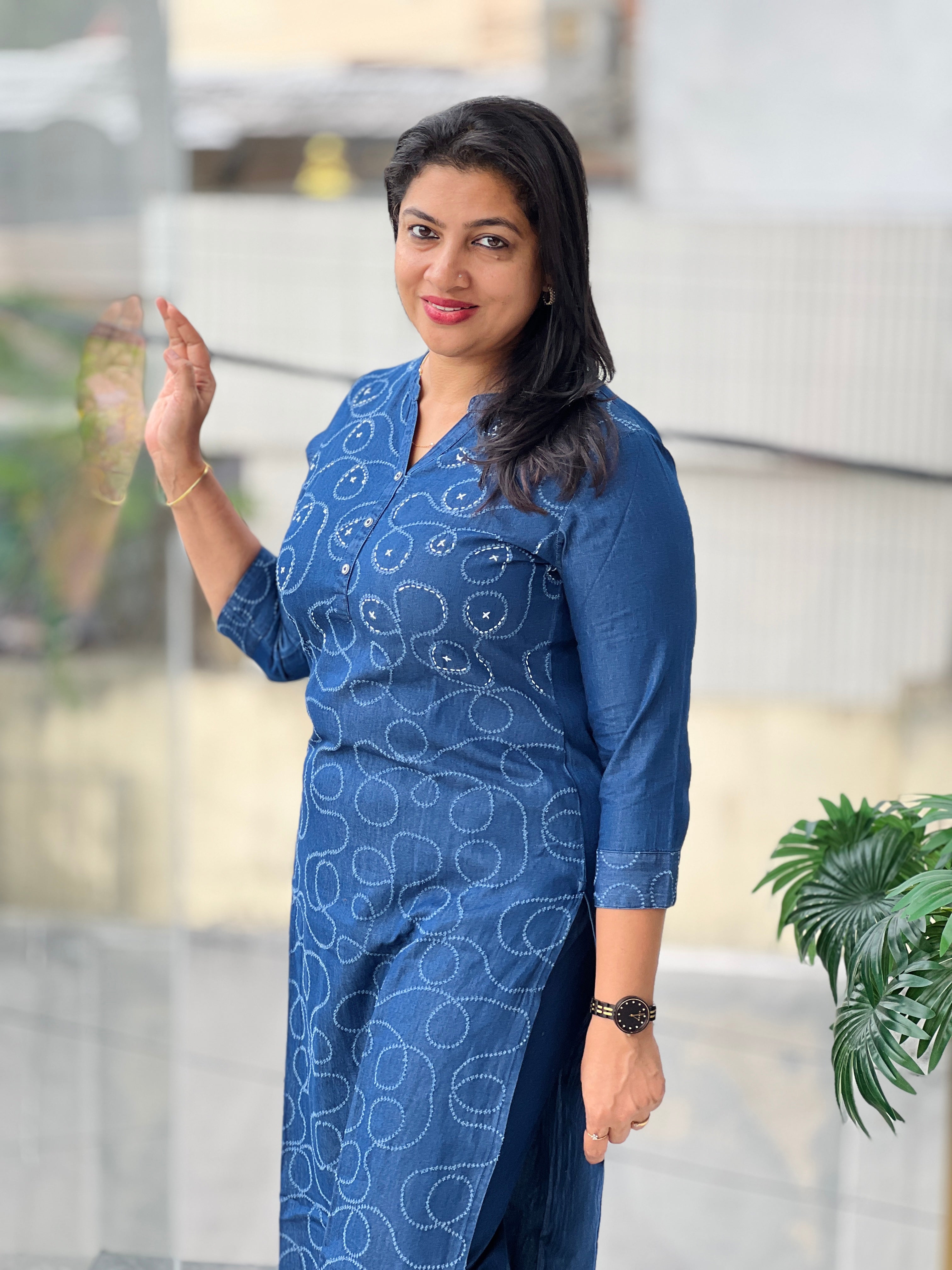 Embroidery Detailed Denim-Cotton Kurta Set | OMF107
