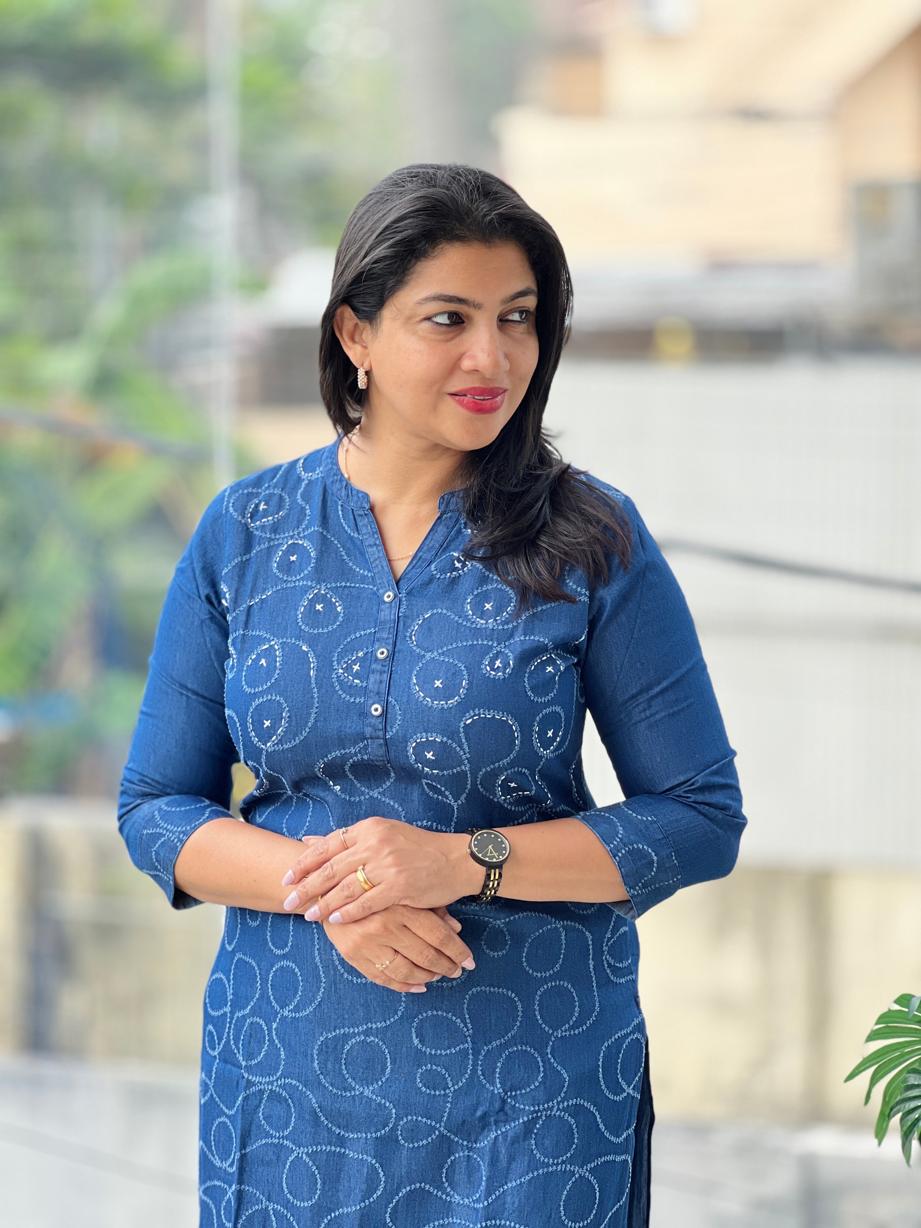 Embroidery Detailed Denim-Cotton Kurta Set | OMF107