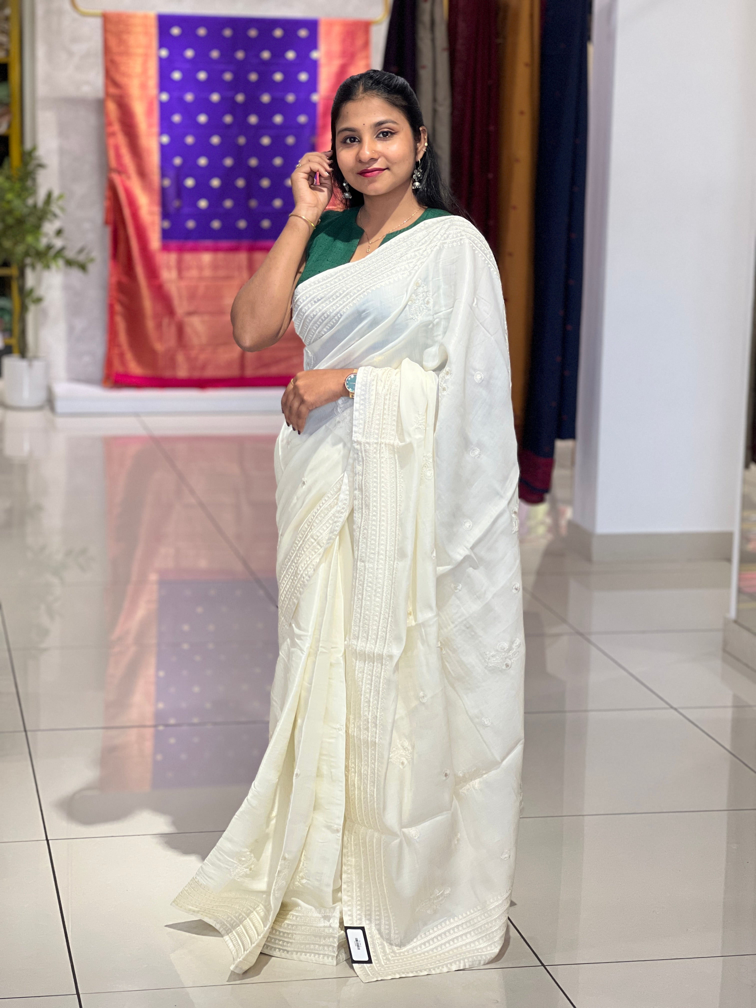 Machine Embroidery Detailed Semi Tussar Saree | SUN548