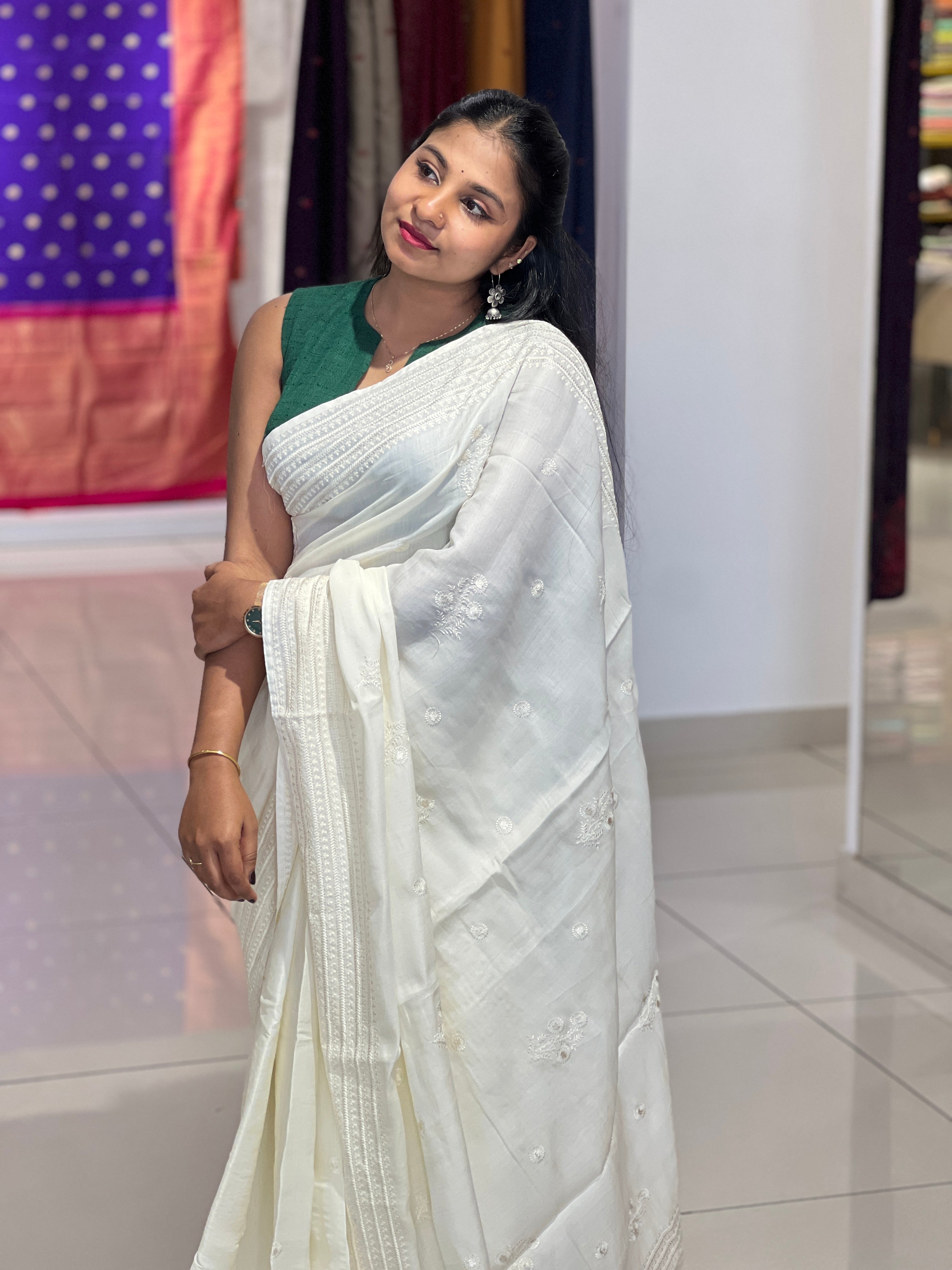 Machine Embroidery Detailed Semi Tussar Saree | SUN548