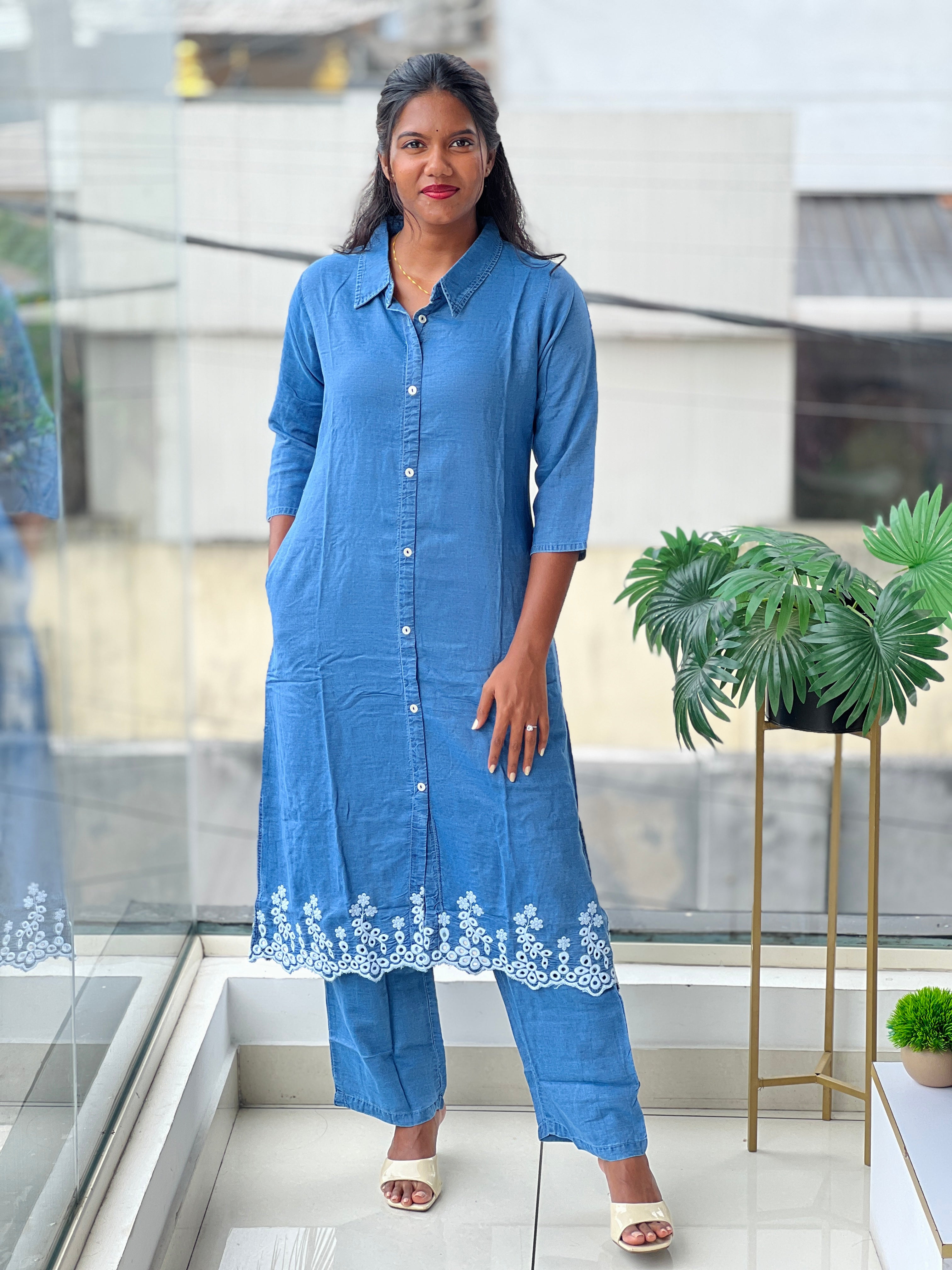 Embroidery Detailed Denim Cotton Kurta Set | OMF101