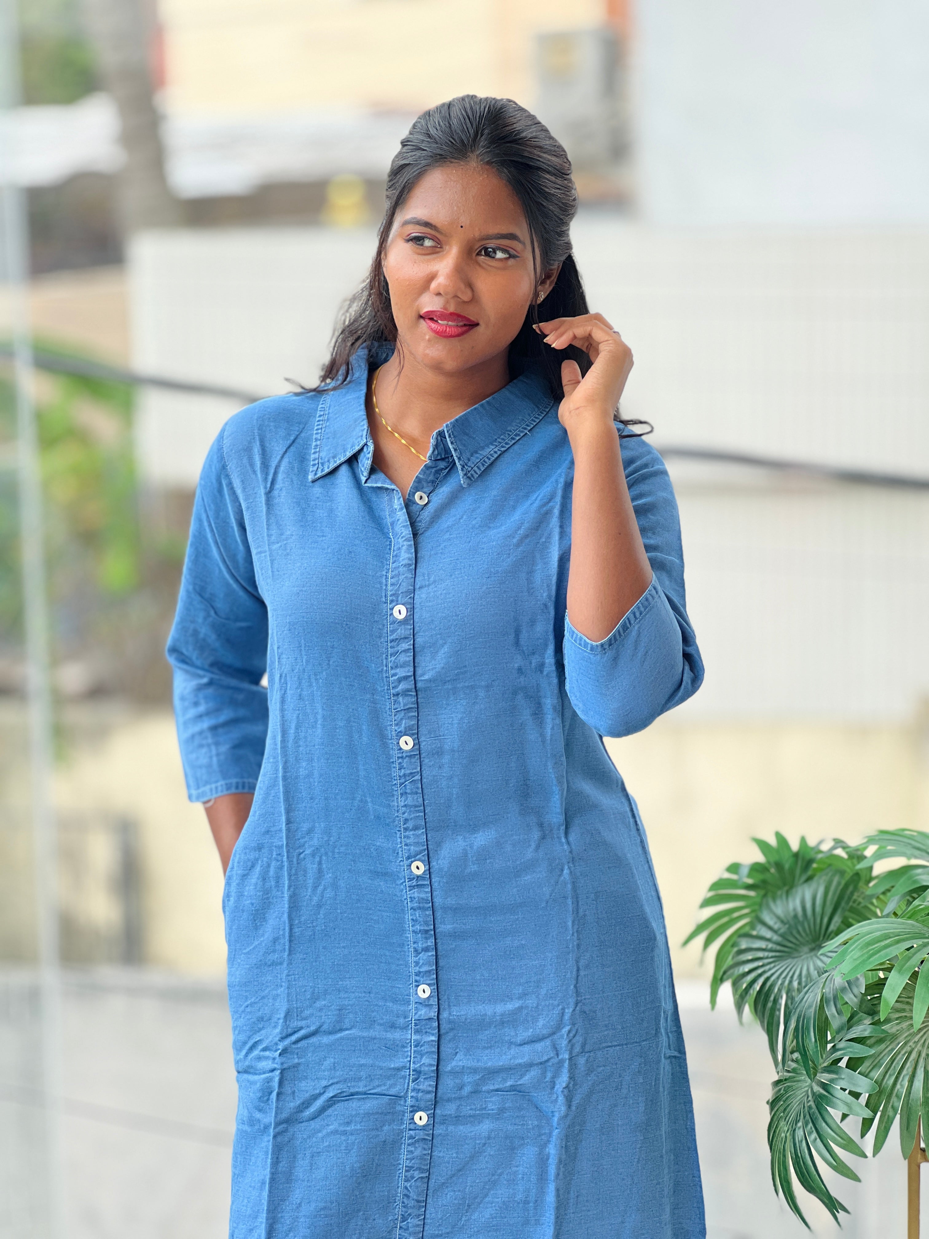 Embroidery Detailed Denim Cotton Kurta Set | OMF101