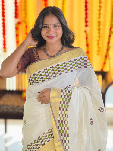 Hand Block Printed Kerala Cotton Saree | KL366