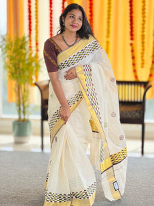 Hand Block Printed Kerala Cotton Saree | KL366